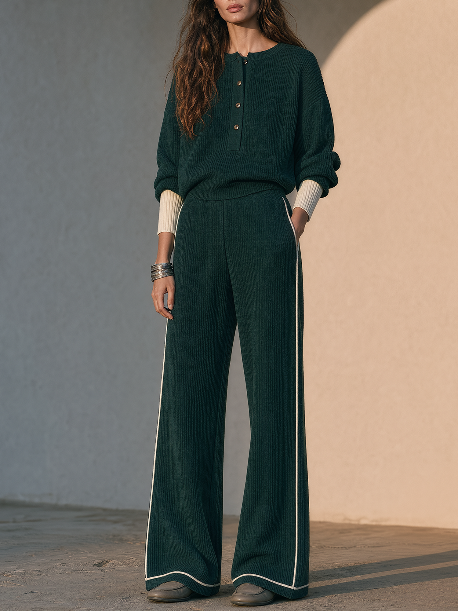 Dark Green And White Color-block Henley Knit Top And Wide-leg Trousers Set
