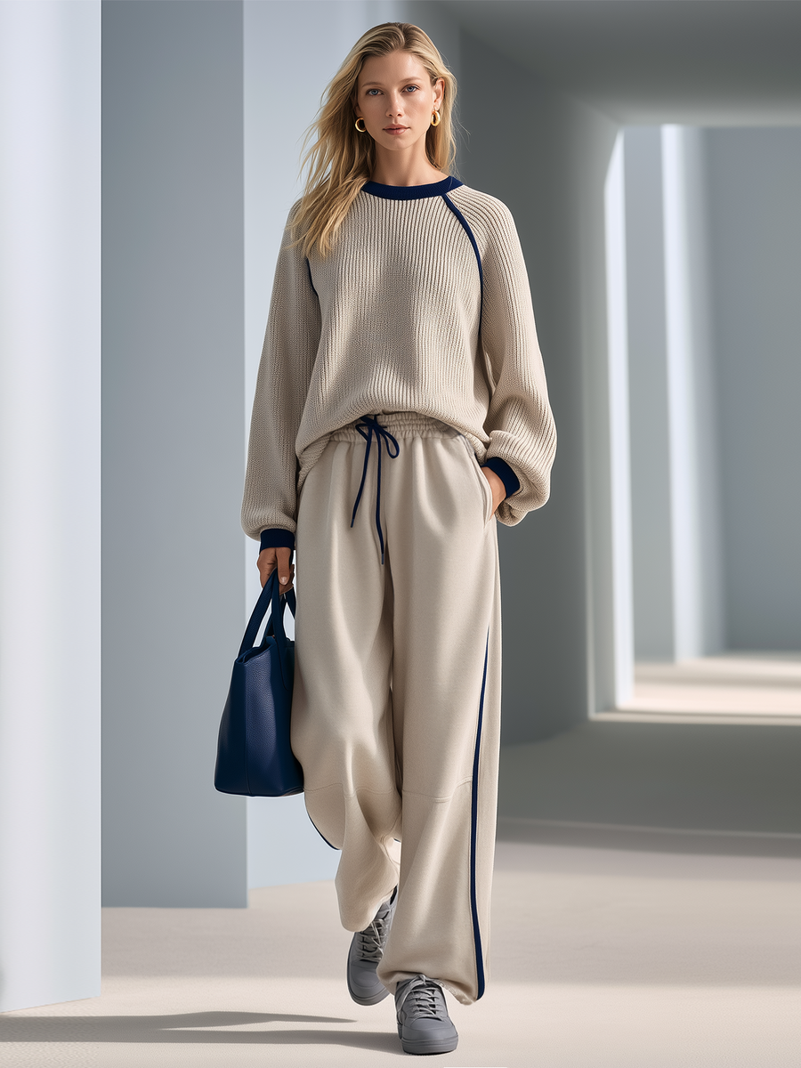 Oatmeal-colored Raglan-sleeve Sweater With Navy Accents And Wide-leg Trousers Set