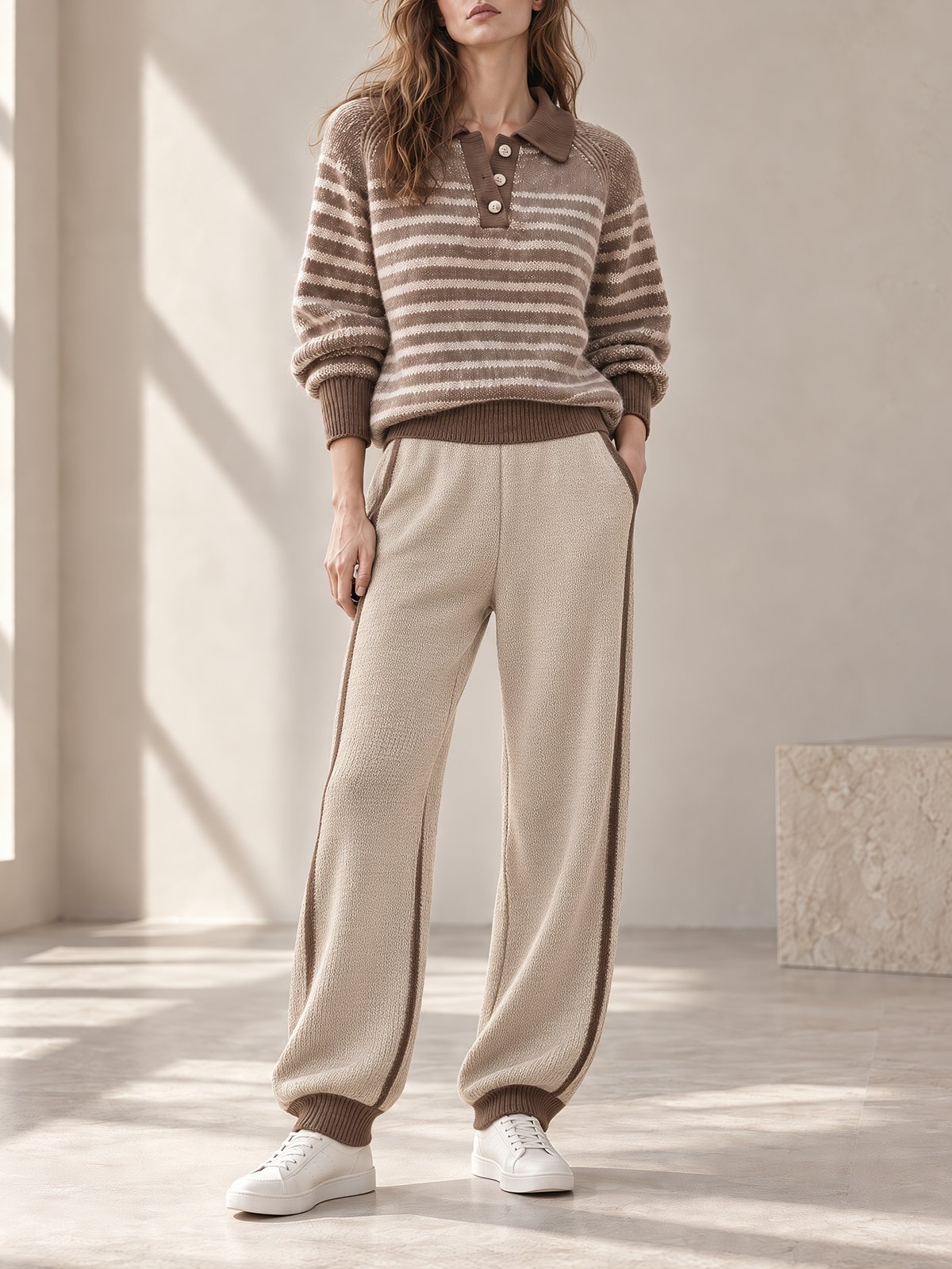 Taupe Brown Striped Knit Polo & Beige Jogger Set