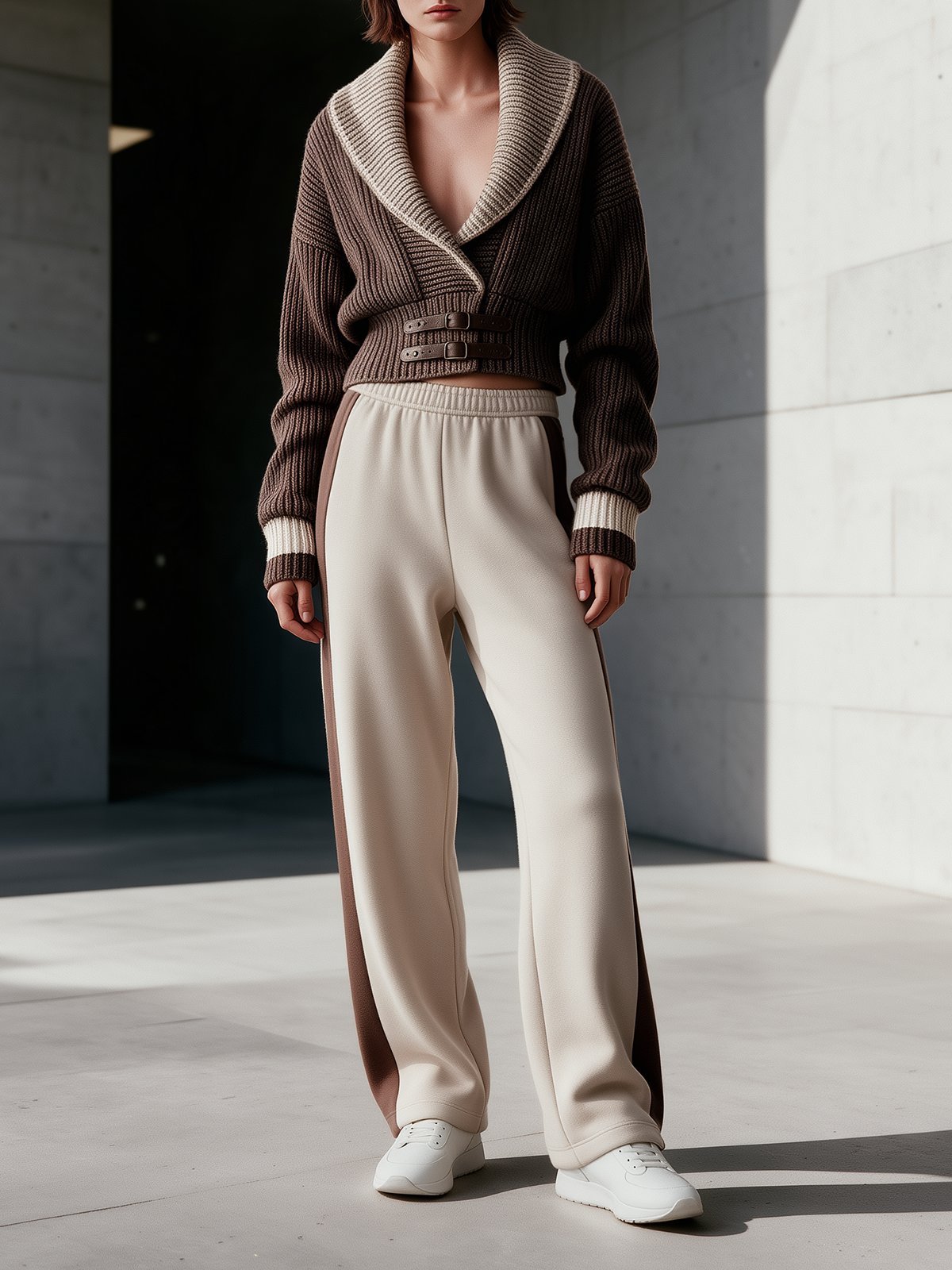 Brown & Cream Buckle-Detail Cardigan & Wide-Leg Pants Set