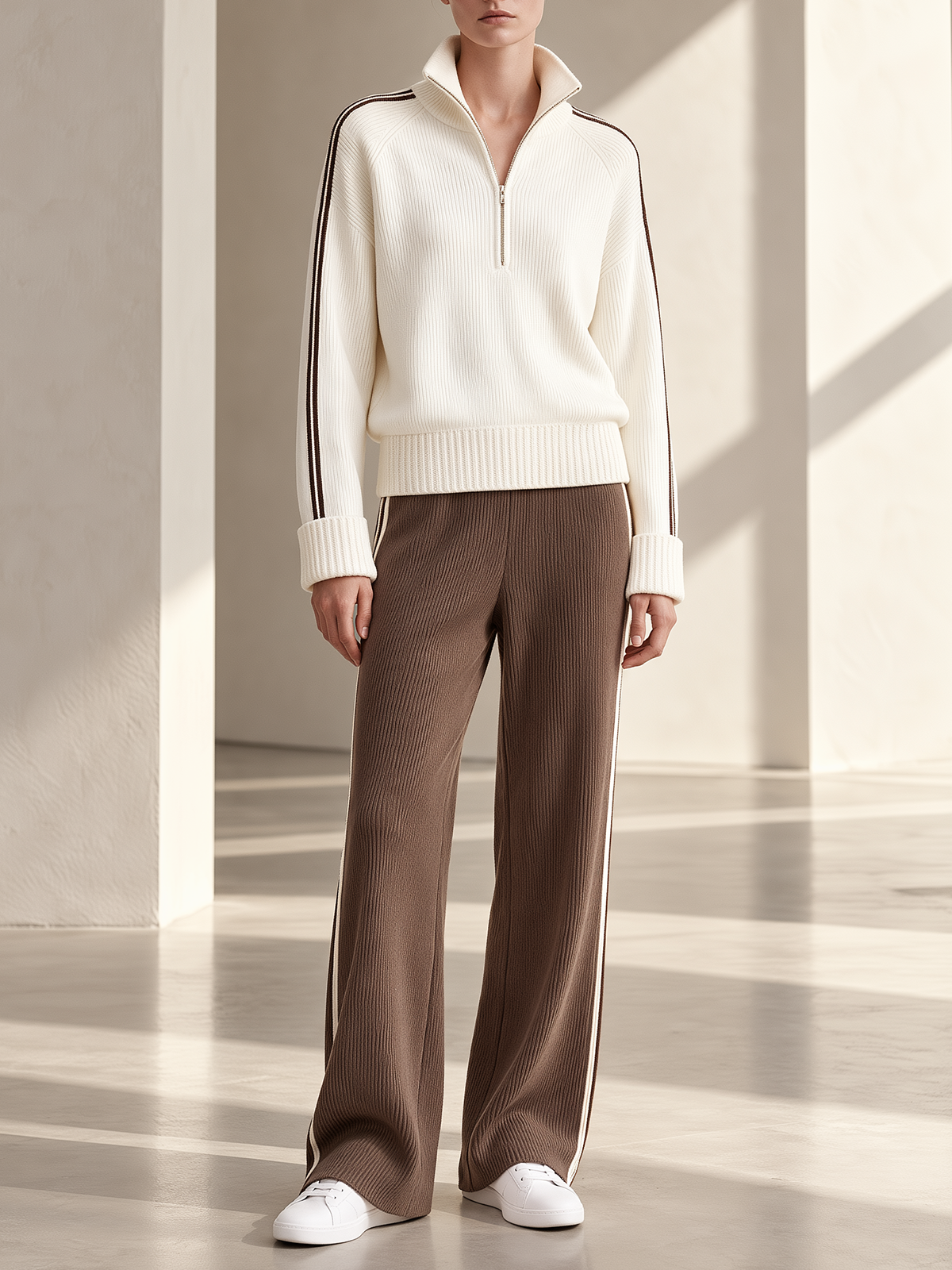 Ivory Half-Zip Sweater & Brown Wide-Leg Knit Set