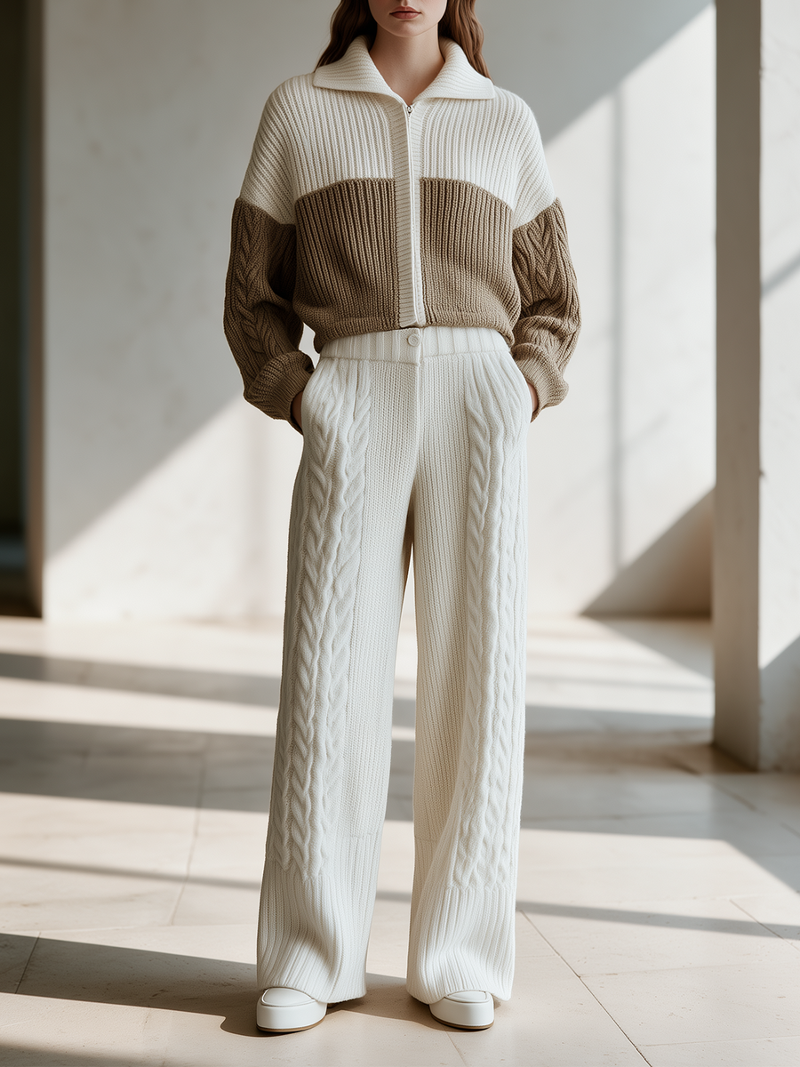 Ivory & Taupe Zip Cardigan & Wide-Leg Knit Pants Set