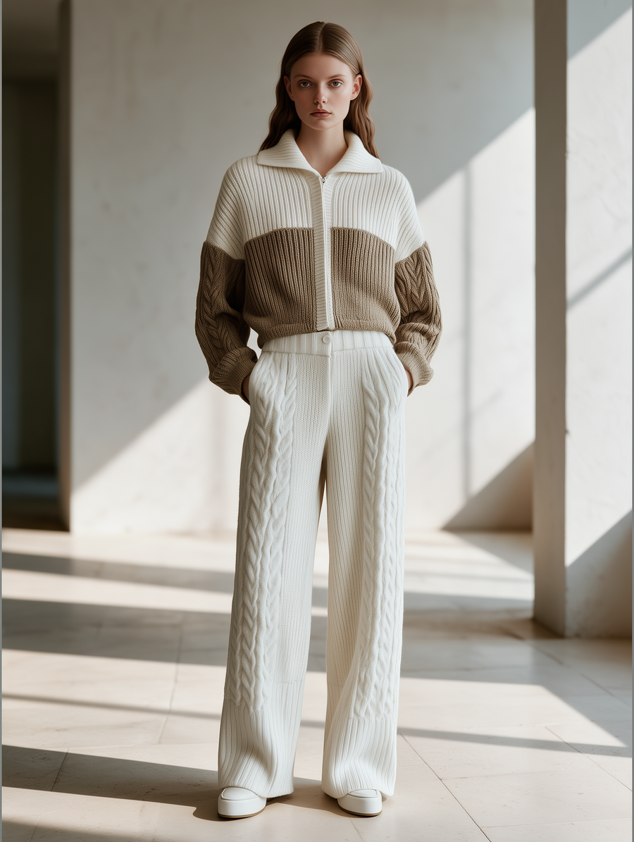 Ivory & Taupe Zip Cardigan & Wide-Leg Knit Pants Set