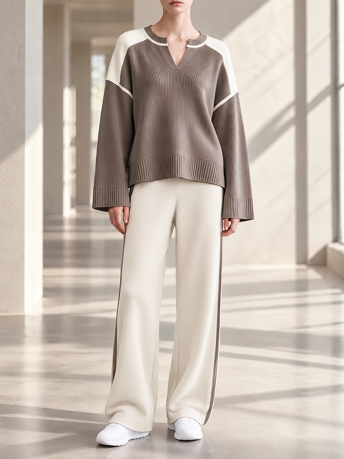 Taupe & Ivory Split-Neck Knit Top & Wide-Leg Pants Set