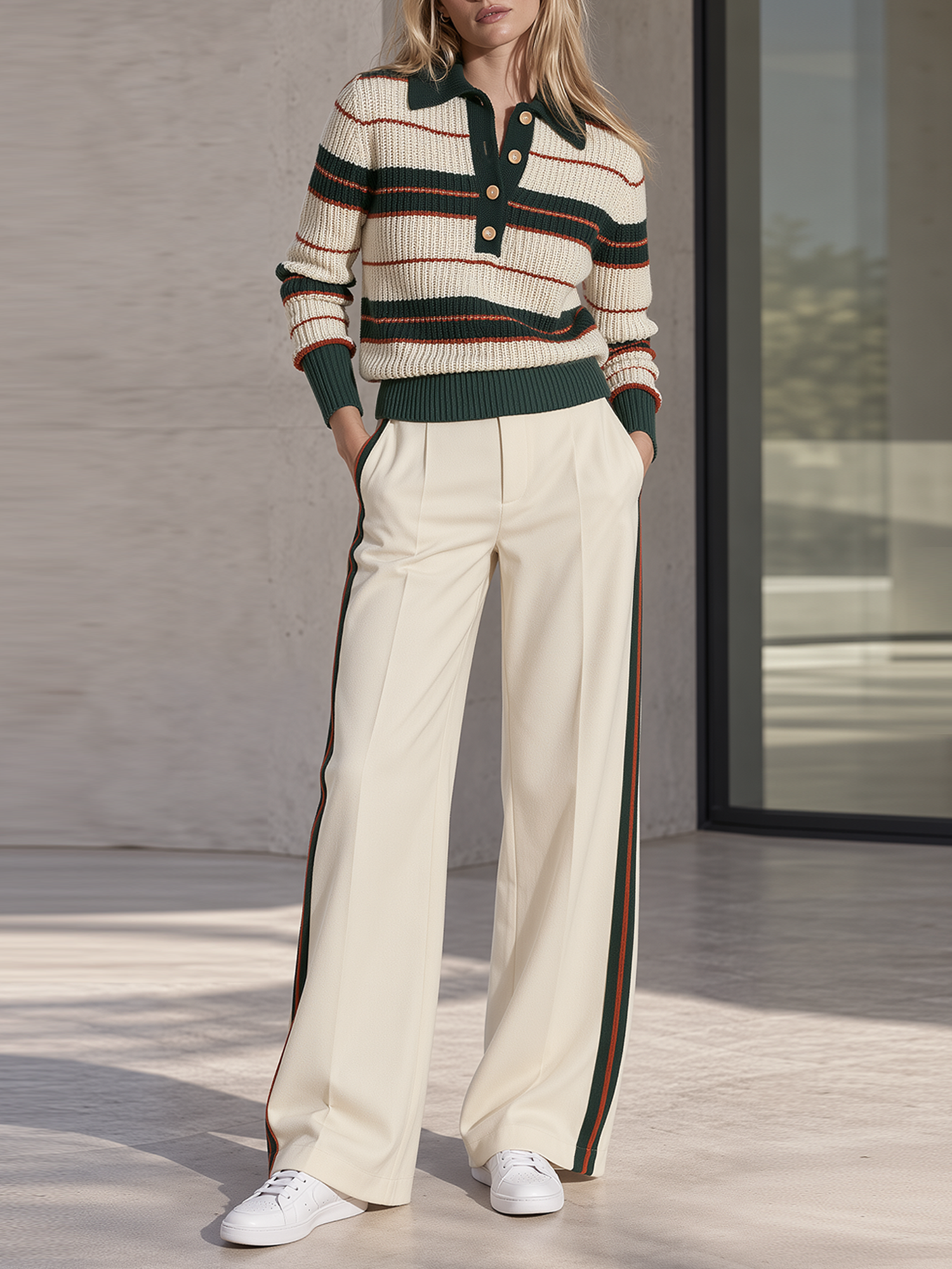 Green Color-block Striped Knit Polo Shirt And Side-stripe Casual Trousers Set