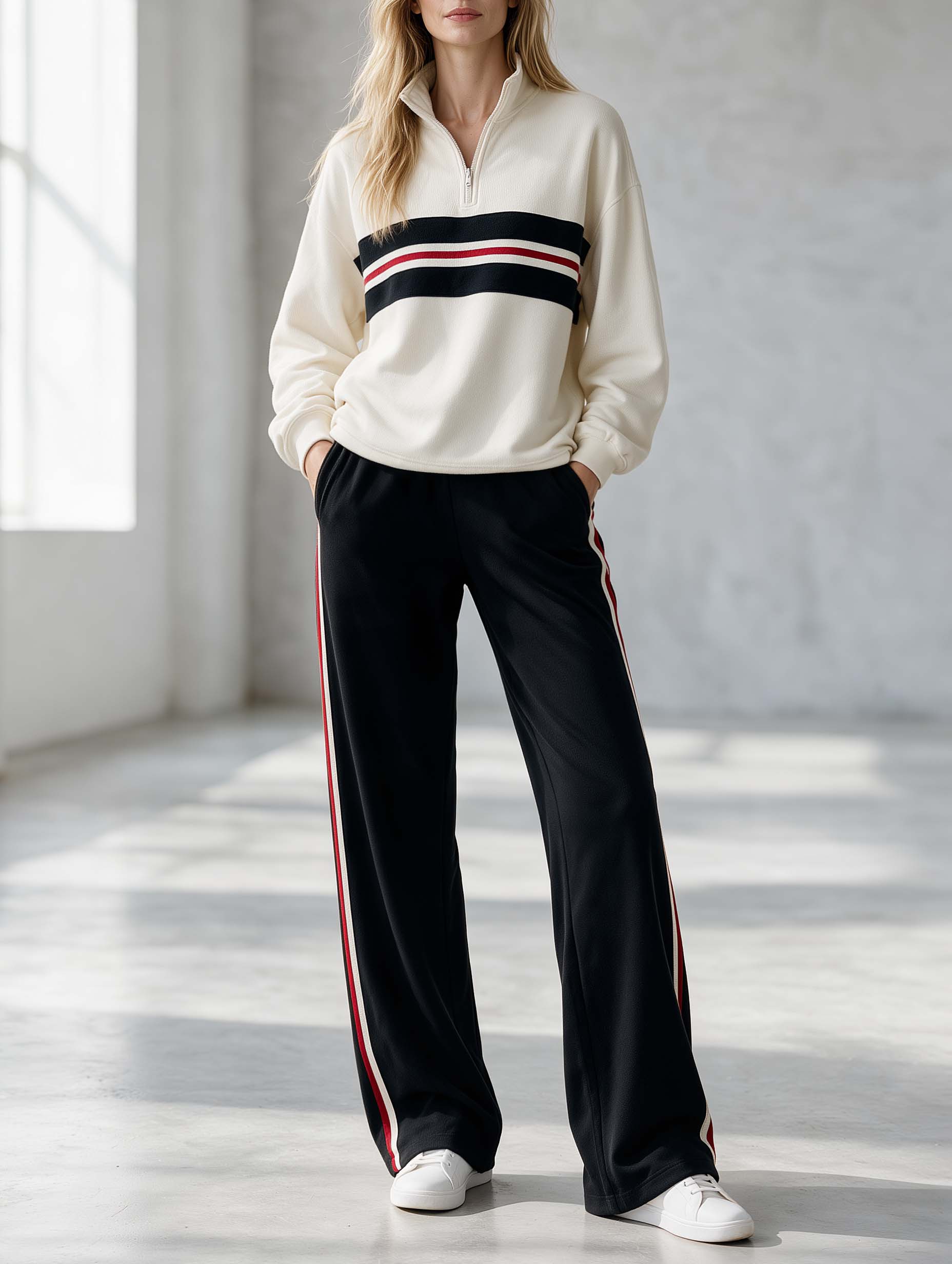 Black And White Color-block Long-sleeve Half-zip Top And Pants Set In A Casual Sporty Style