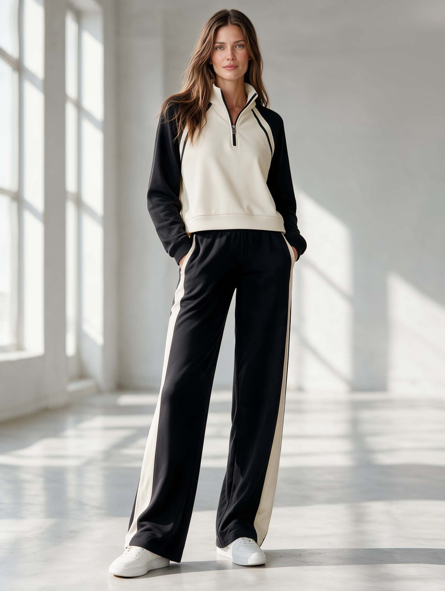 Stylish Casual Black & White Color-Block Long-Sleeve Half-Zip Top And Pants Set