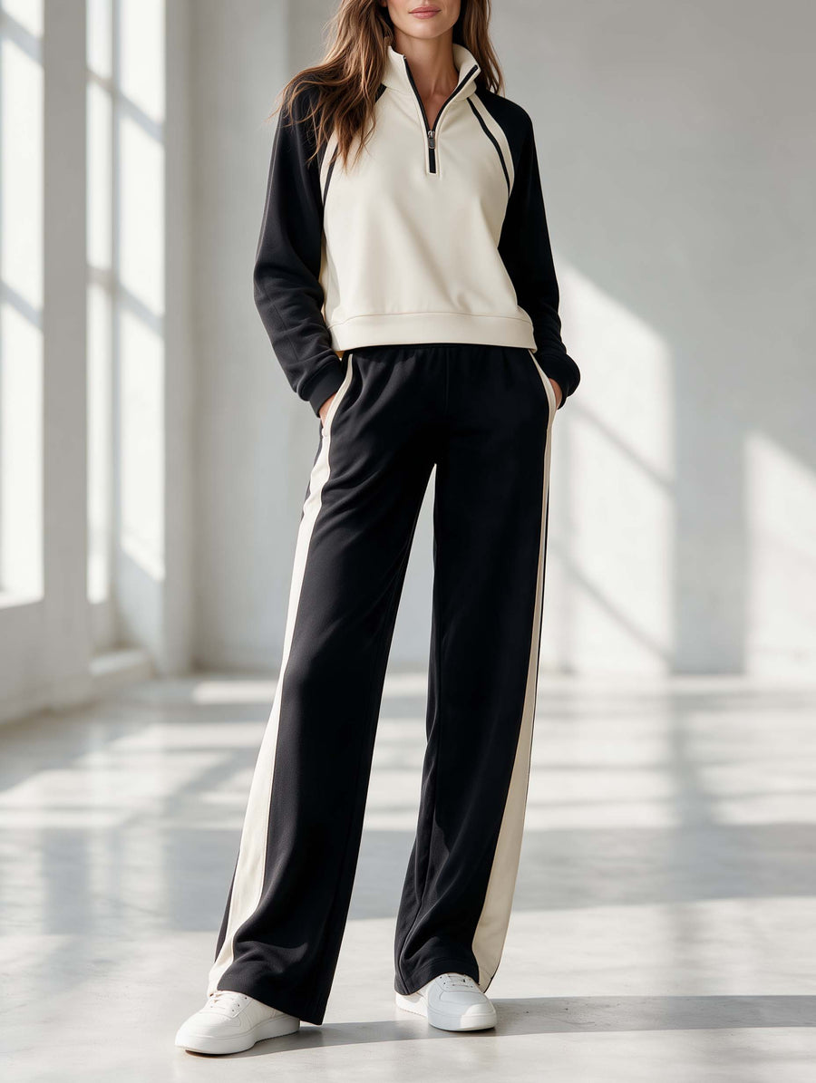 Stylish Casual Black & White Color-Block Long-Sleeve Half-Zip Top And Pants Set