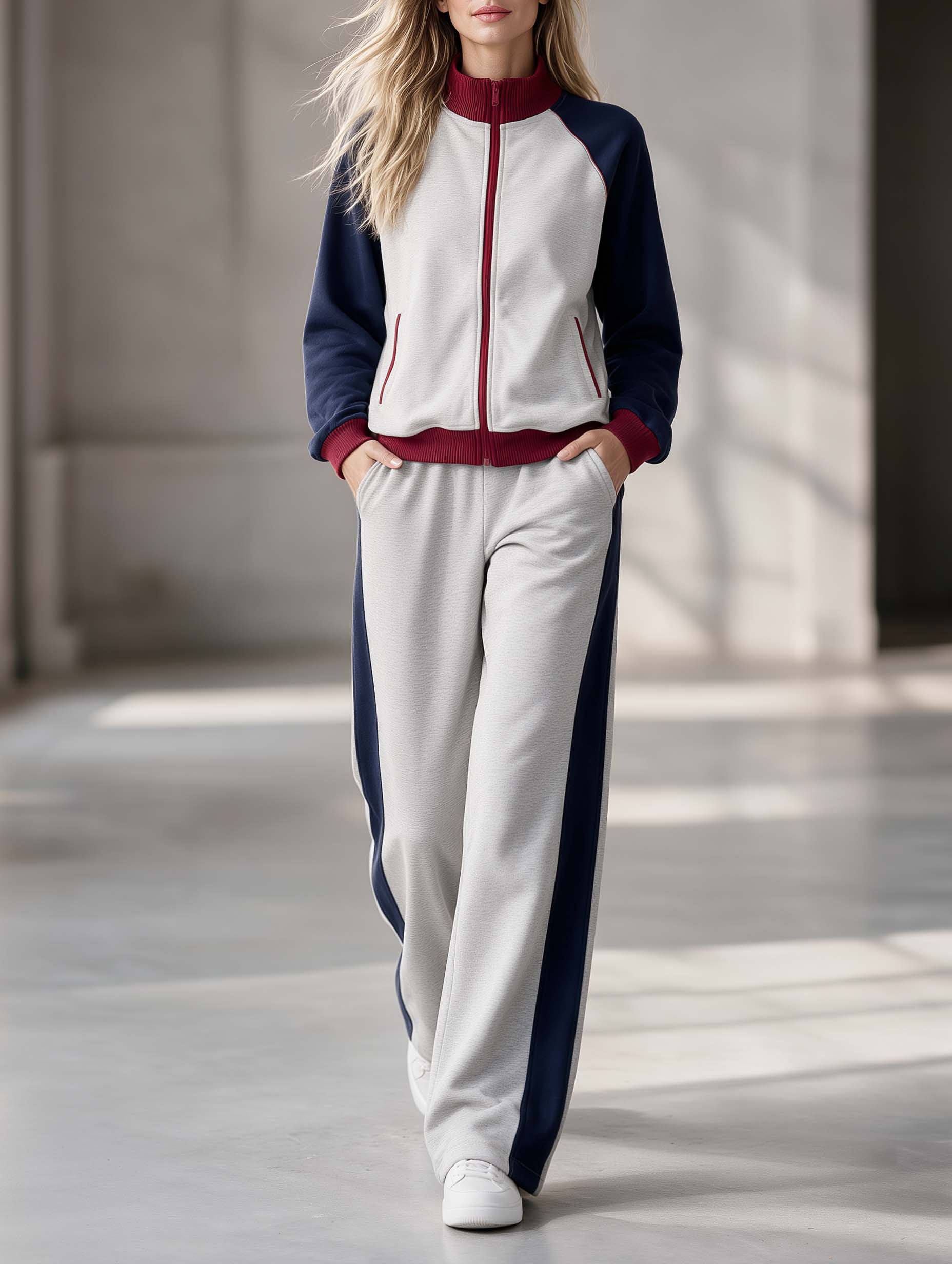 Stylish Casual Grey And Navy Color-Block Long-Sleeve Jacket And Trousers Set