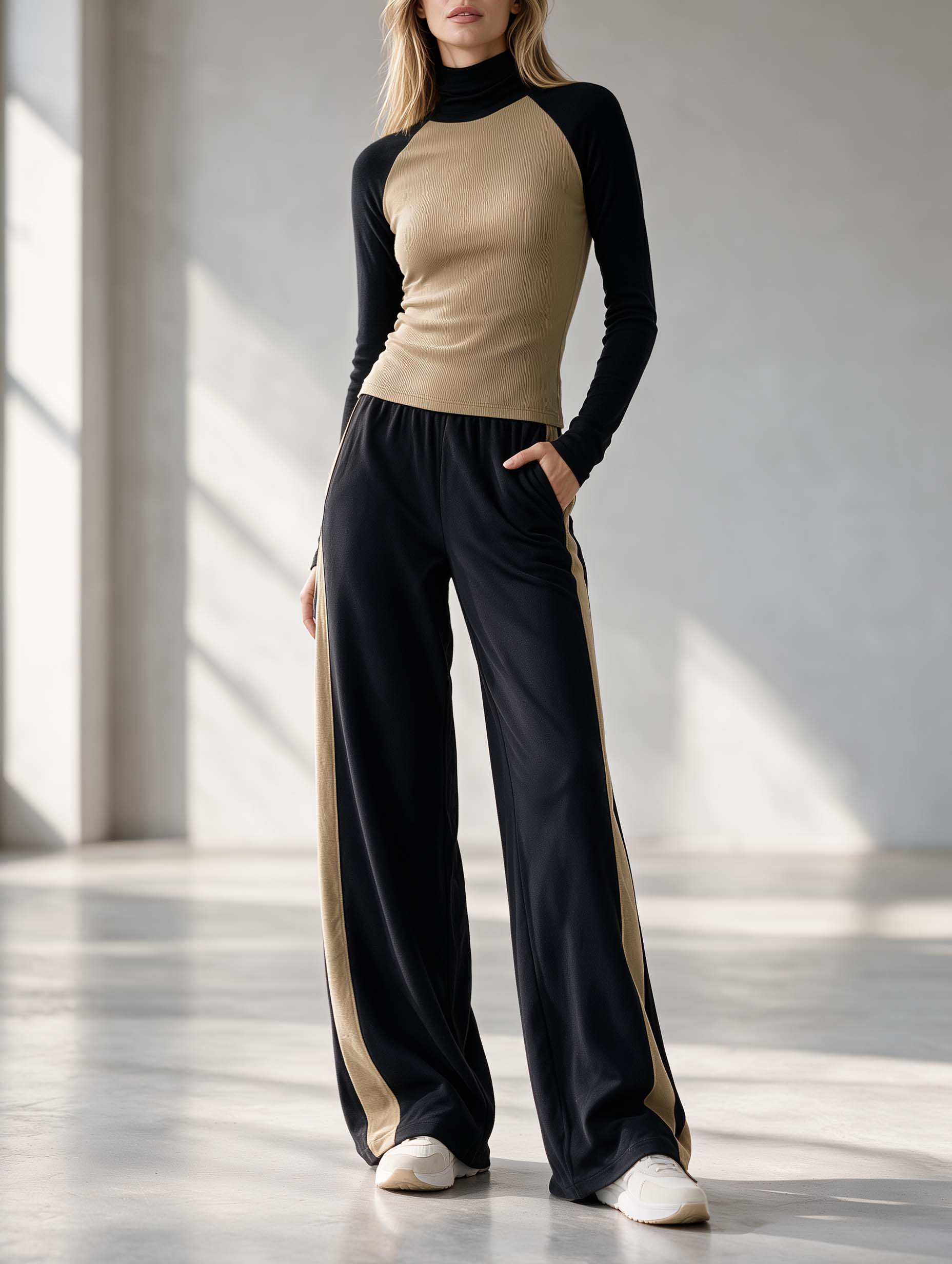 Khaki And Black Color-block High-neck Fitted Long-sleeve Top And Wide-leg Trousers Set