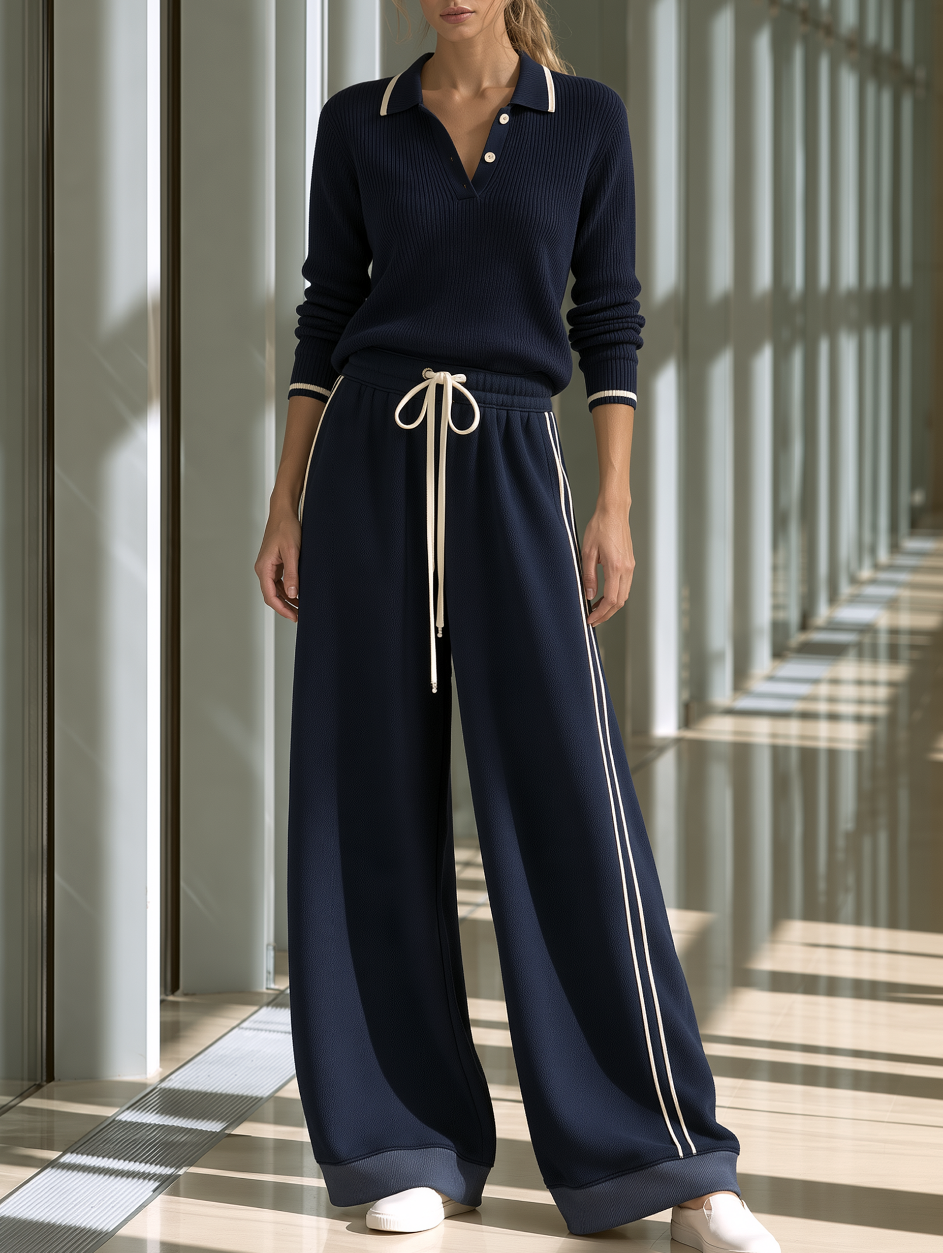 Navy Blue Knitted Polo Top And Wide-leg Trousers Set