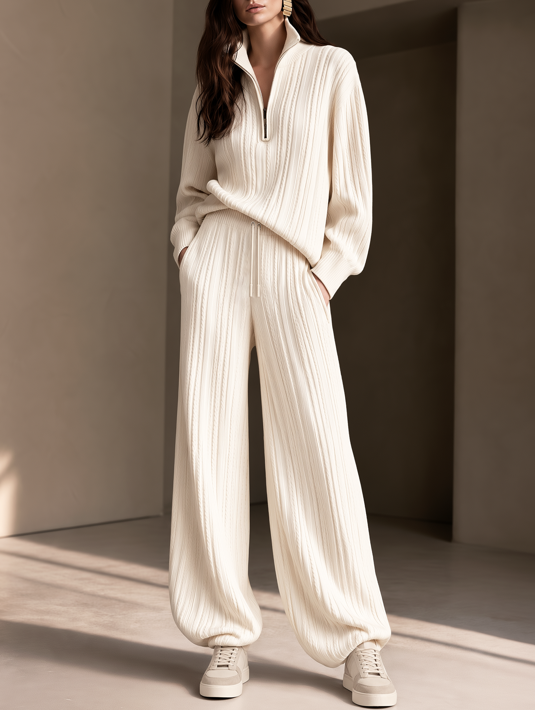 Off-white Half-zip Knit Top And Loose Wide-leg Trousers Set