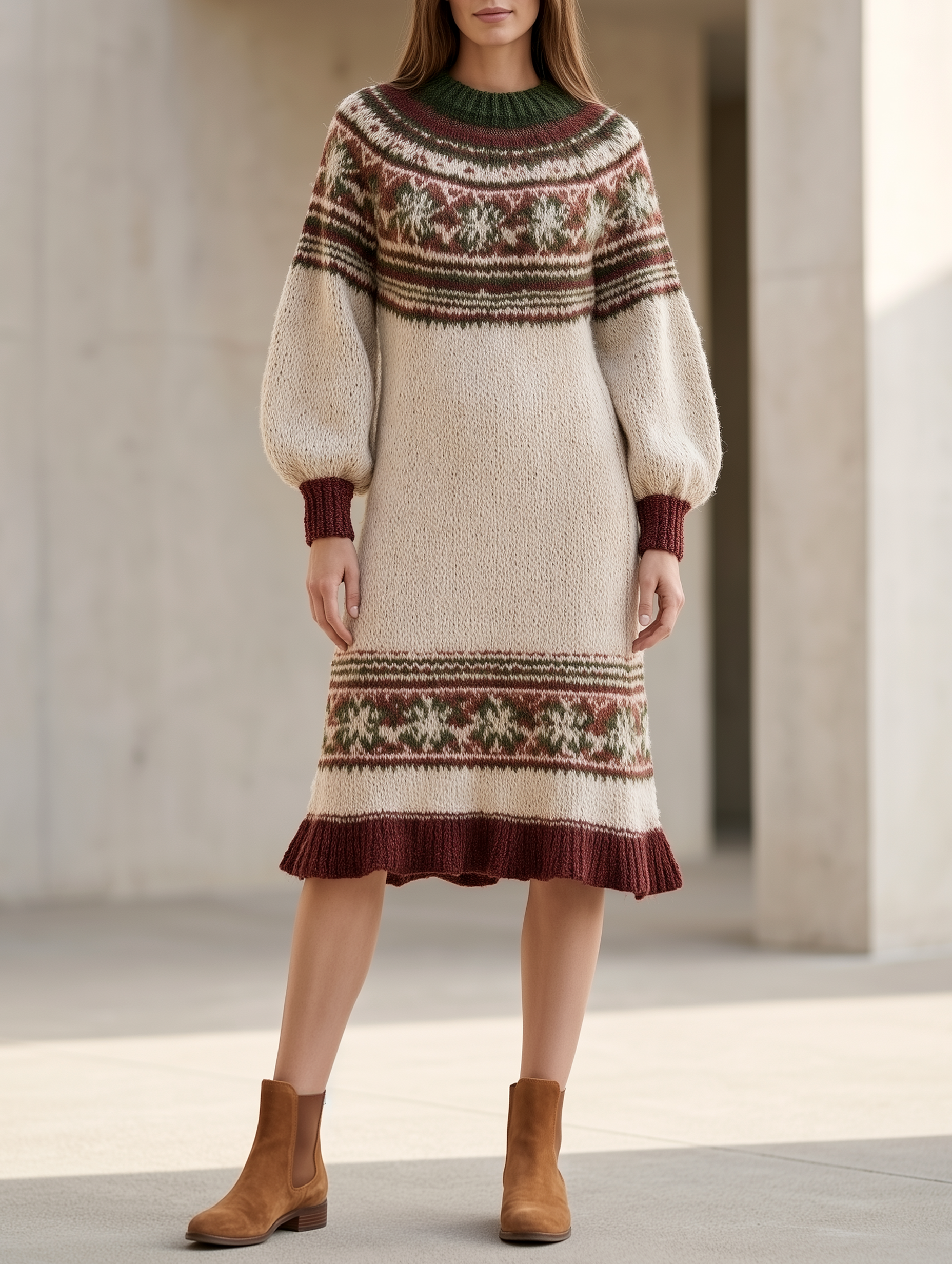 Fair Isle Jacquard Lantern-Sleeve Loose Midi Sweater Dress