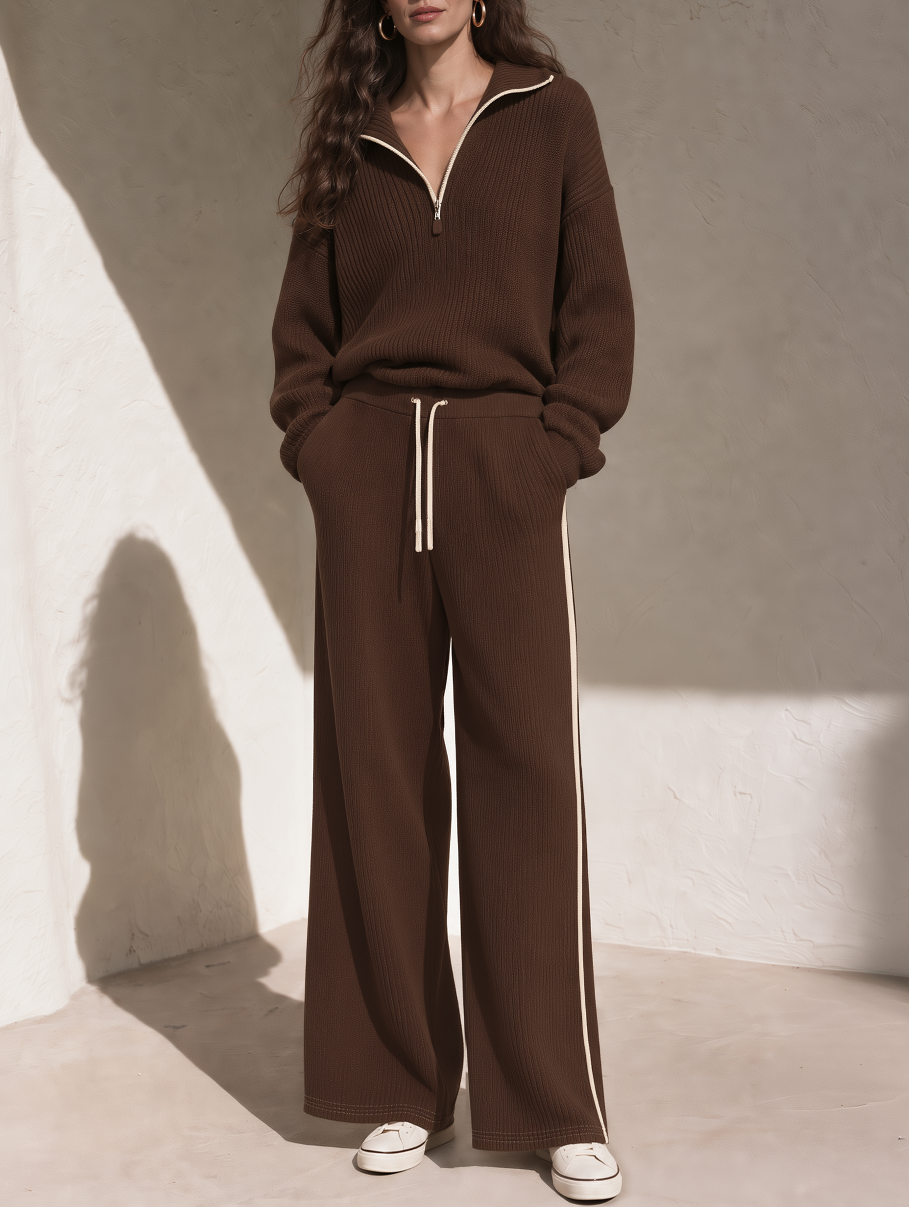 Brown Half-zip Knit Top And Wide-leg Trousers Set