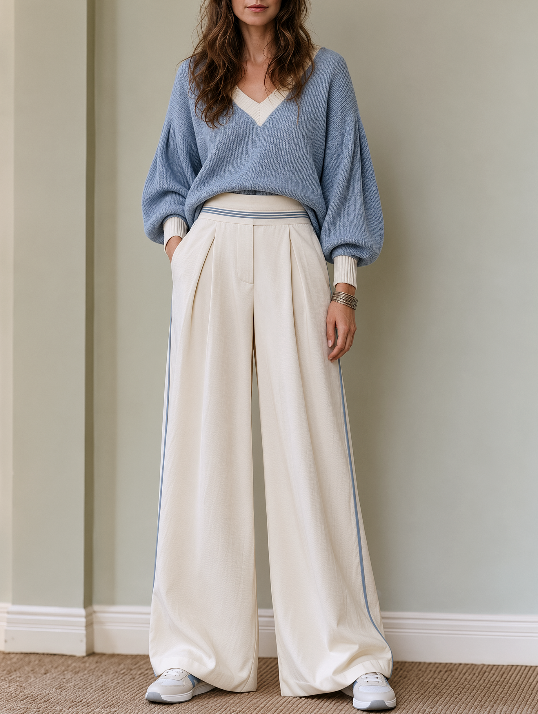 Color-block V-neck Sweater And Wide-leg Trousers Set With A Fluid Drape