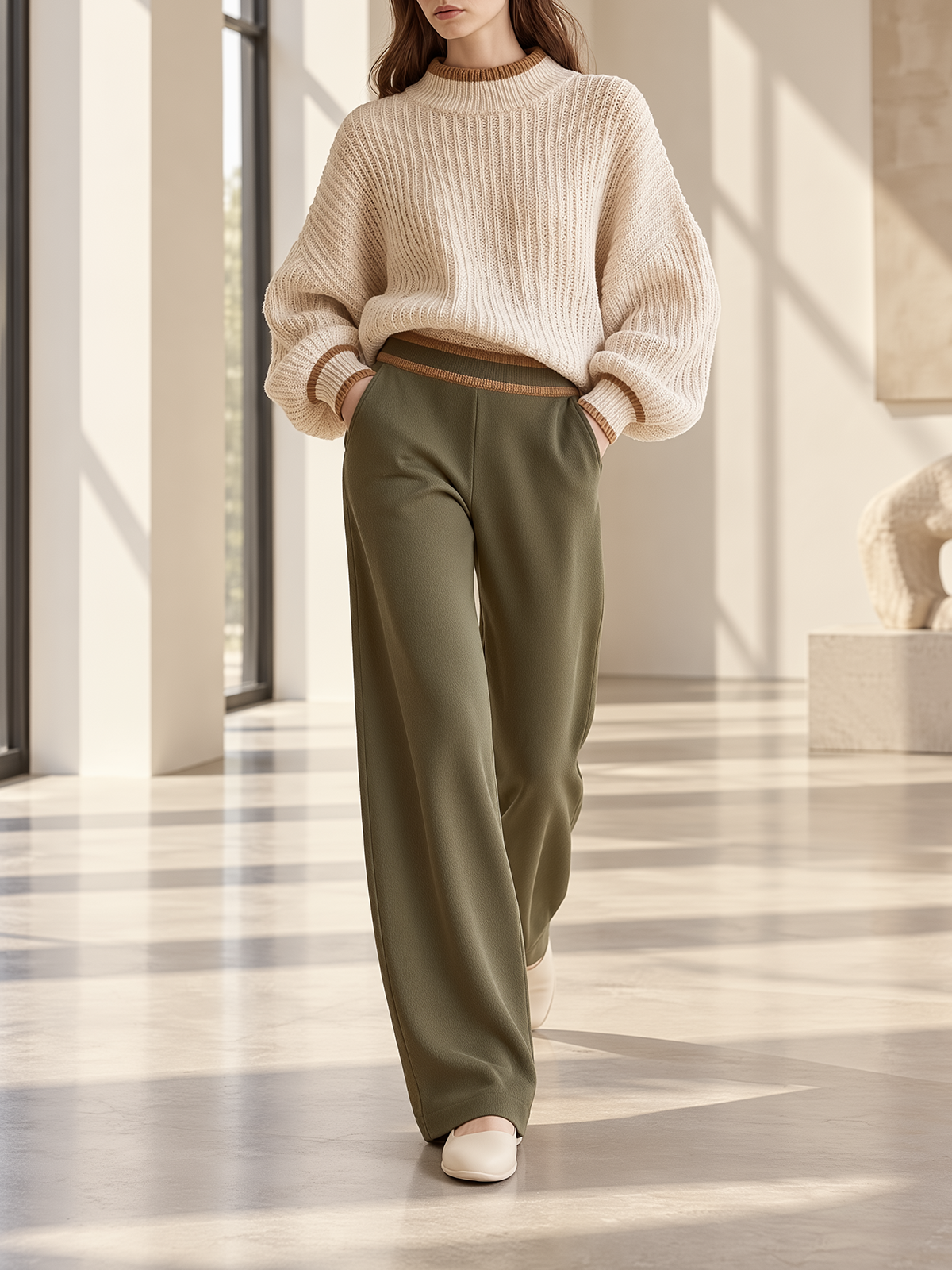 Ivory Balloon-Sleeve Sweater & Olive Wide-Leg Pants Set