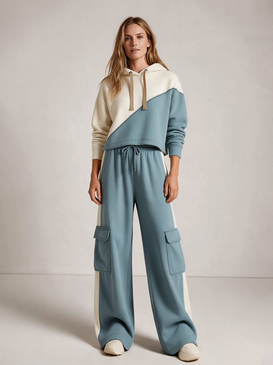 Color-block Hooded Sweatshirt And Utility Wide-leg Pants Set