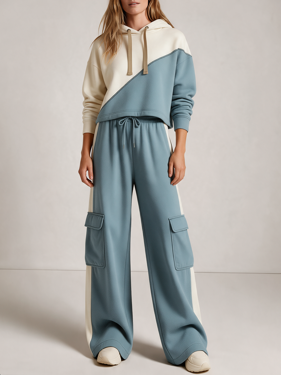 Color-block Hooded Sweatshirt And Utility Wide-leg Pants Set