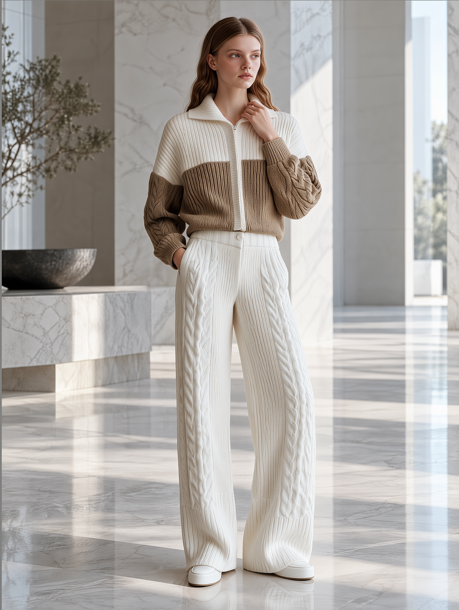 Ivory & Taupe Zip Cardigan & Wide-Leg Knit Pants Set