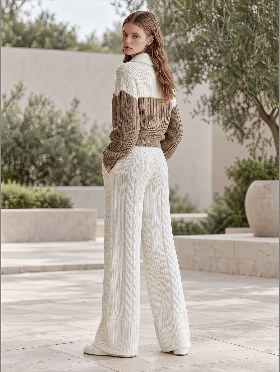 Ivory & Taupe Zip Cardigan & Wide-Leg Knit Pants Set