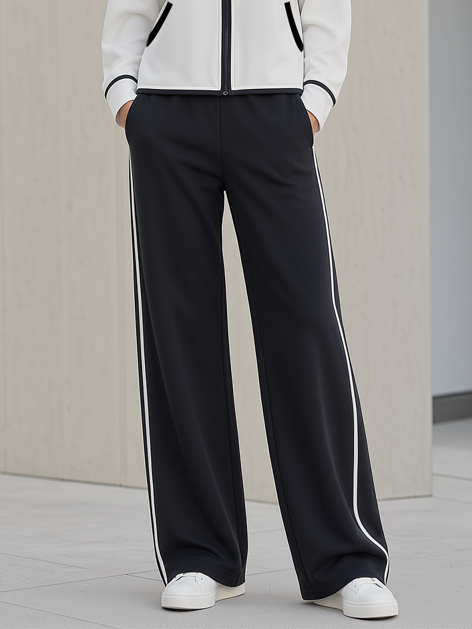 Stylish And Casual Black-and-white Color-block Wide-leg Trousers