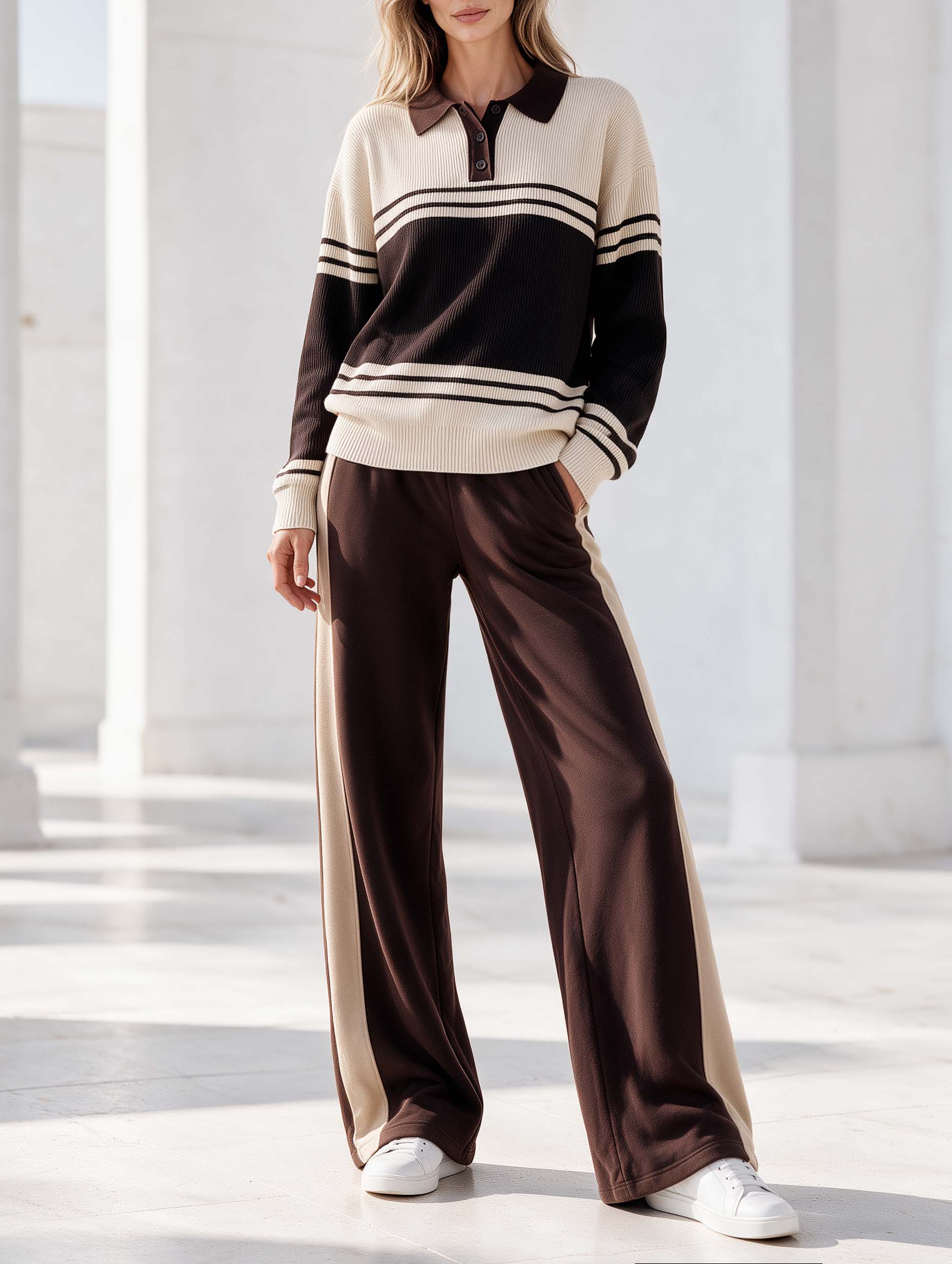 Stylish Casual Brown Color-Block Lapel Long-Sleeve Sweater And Wide-Leg Pants Set