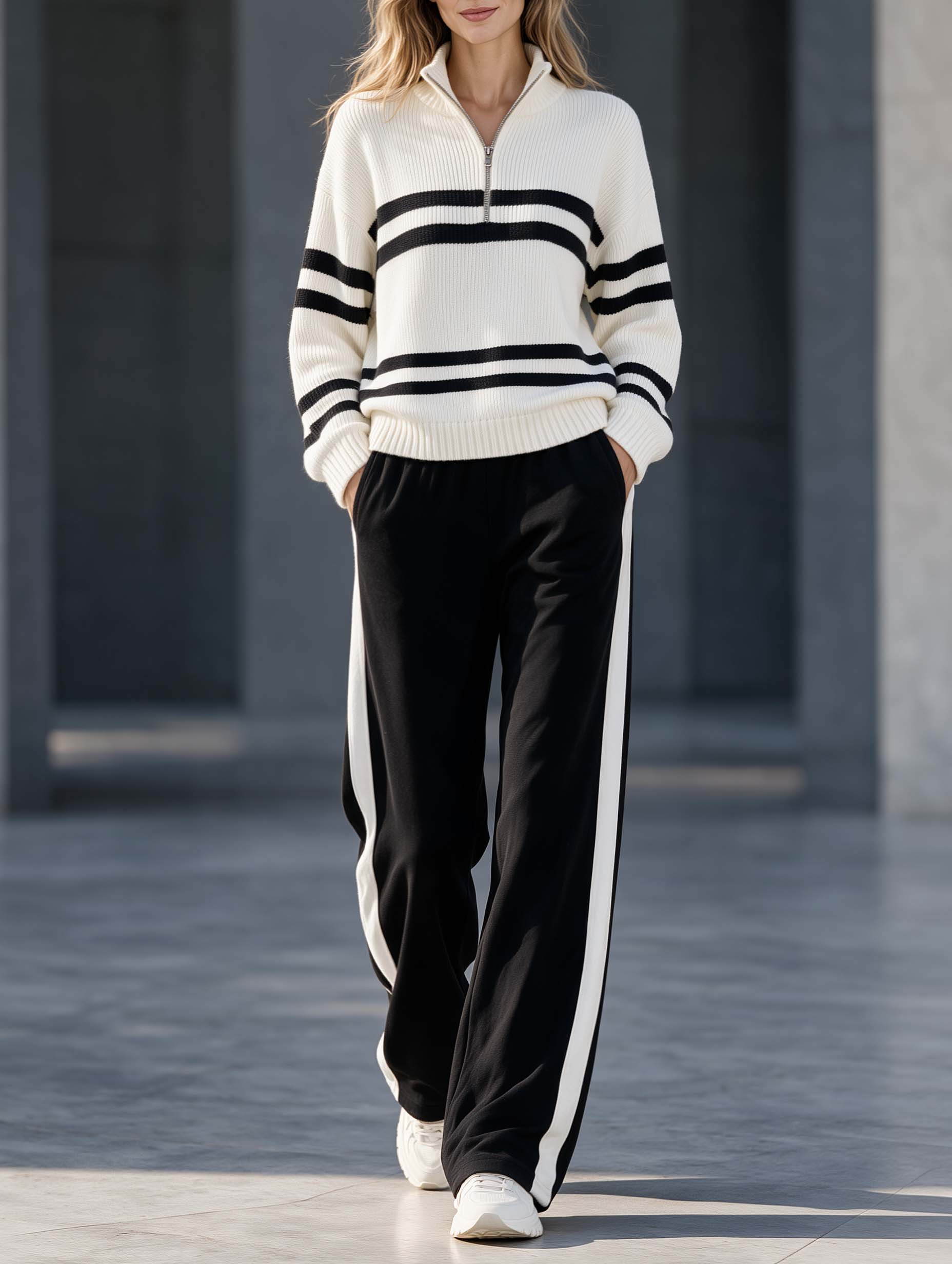 Stylish And Versatile Black-and-white Color-block Long-sleeve Half-zip Sweater And Trousers Set
