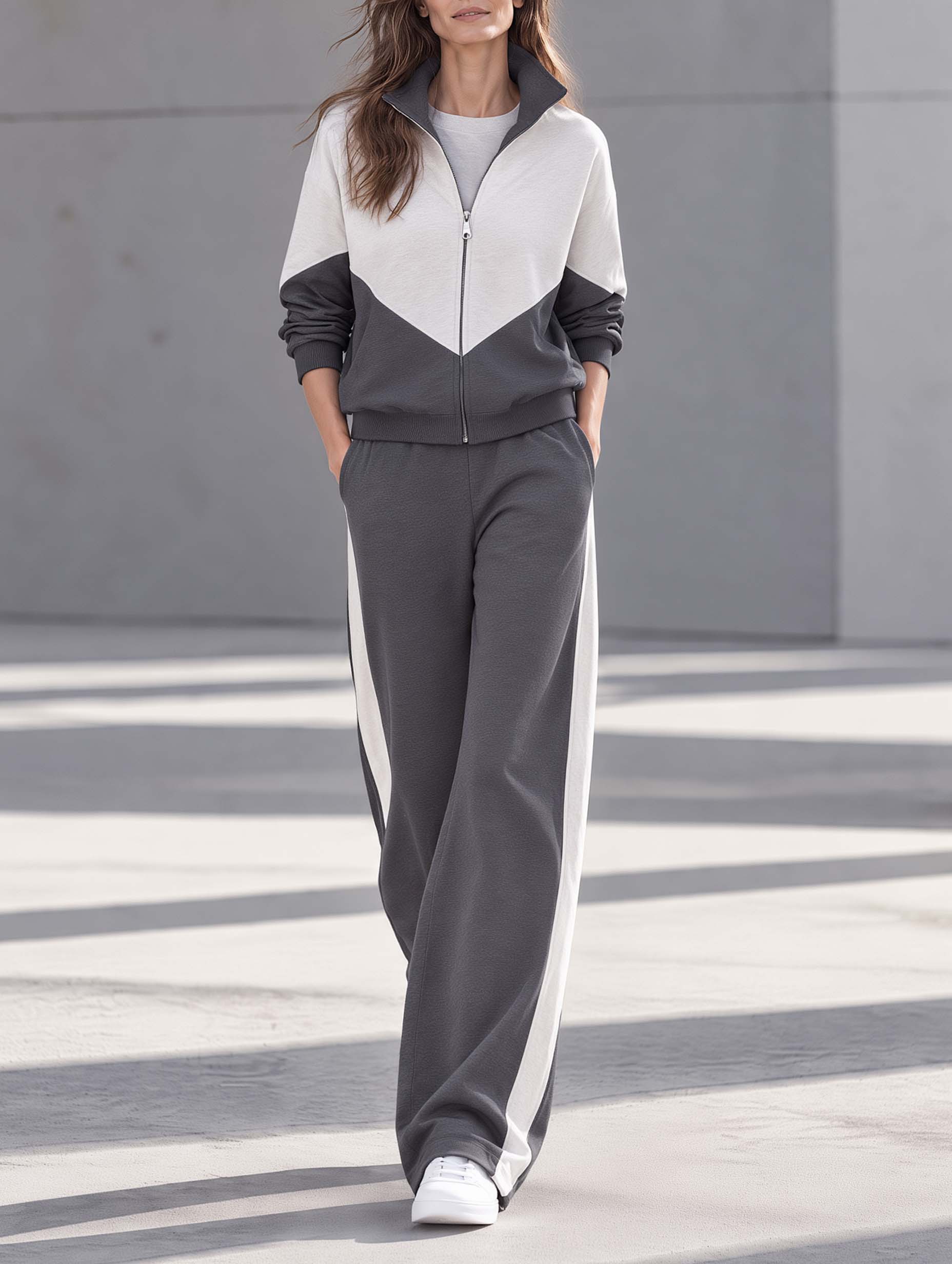 Stylish Casual Grey Color-Block Long-Sleeve Jacket And Trousers Set