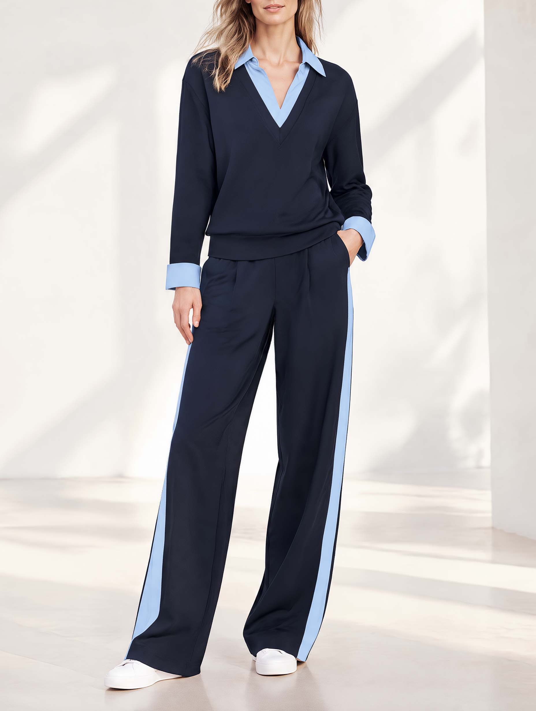 Stylish Casual "Faux-Layered" V-Neck Navy Color-Block Long-Sleeve Top And Pants Set