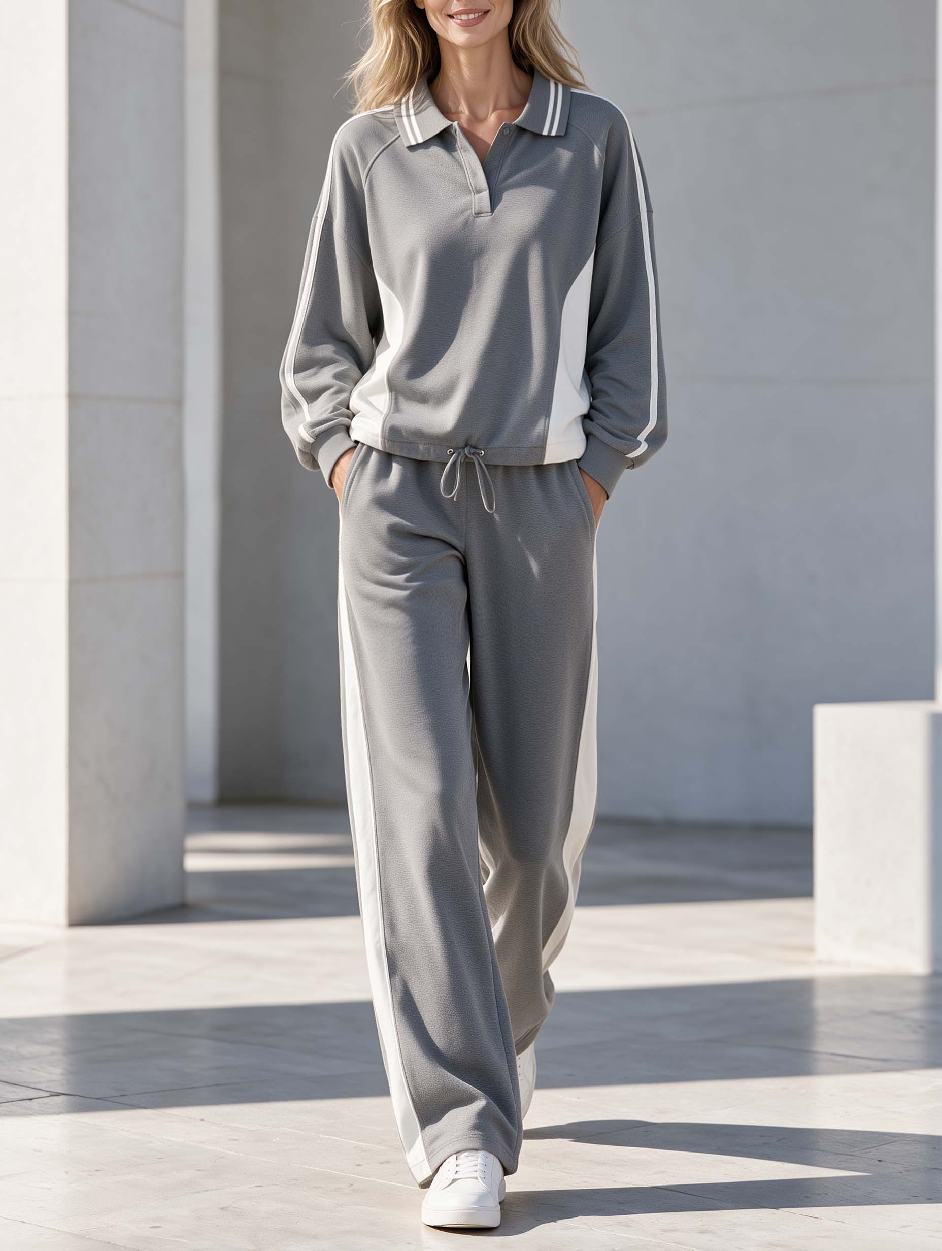 Grey And White Color-block Long-sleeved Collared Top And Trousers Set In A Casual Sporty Style