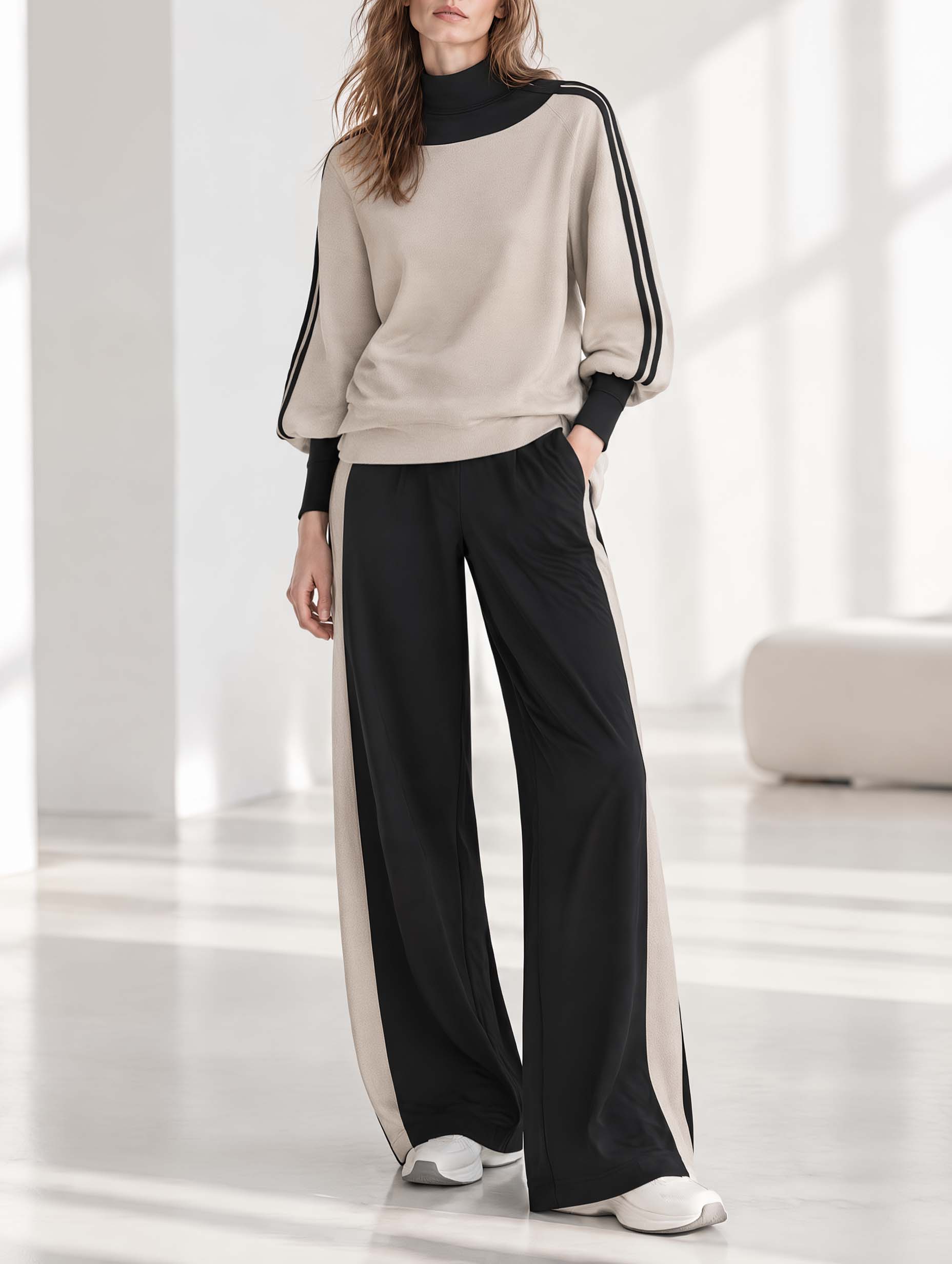 Oatmeal And Black Color-block High-neck Long-sleeve Top And Wide-leg Trousers Set