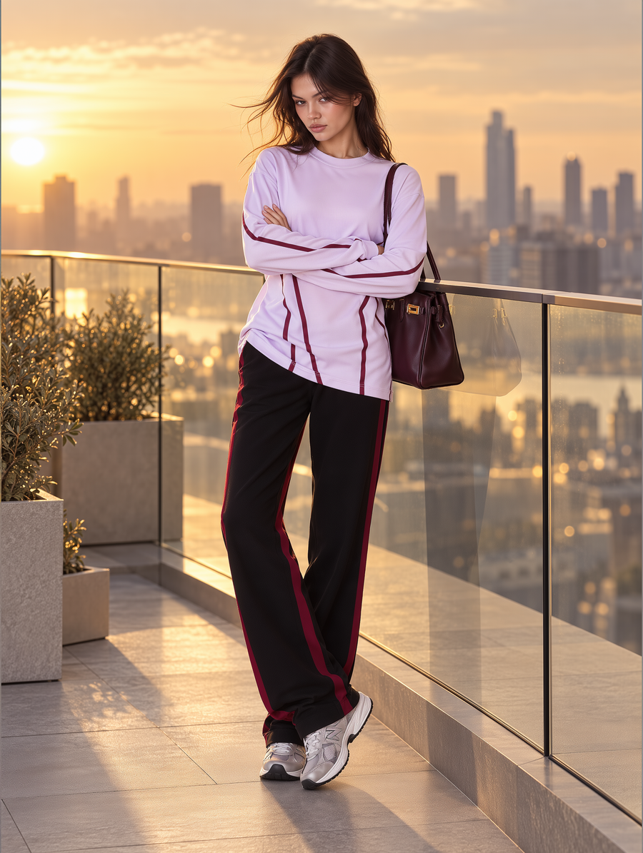 Lavender Graphic Long-Sleeve Tee & Burgundy Side Stripe Wide-Leg Pants Set