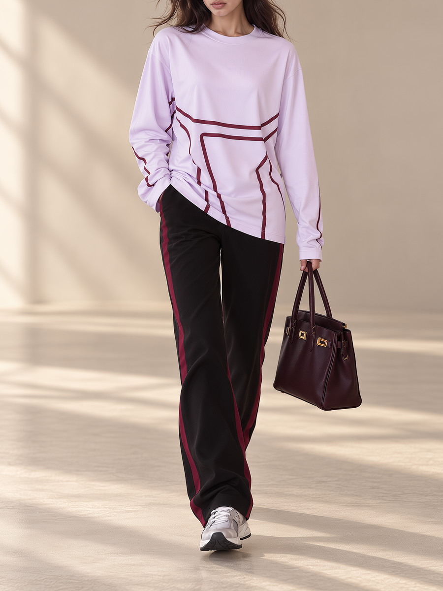 Lavender Graphic Long-Sleeve Tee & Burgundy Side Stripe Wide-Leg Pants Set