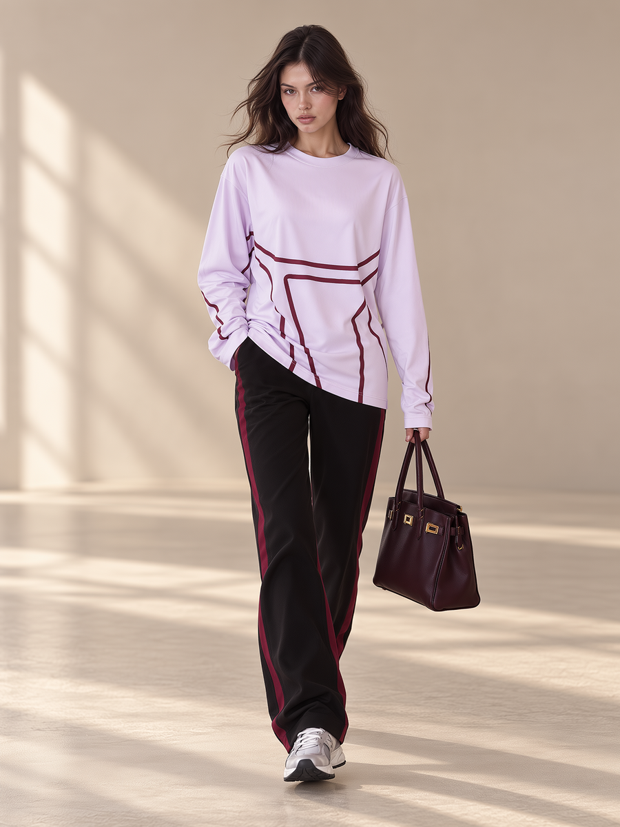 Lavender Graphic Long-Sleeve Tee & Burgundy Side Stripe Wide-Leg Pants Set