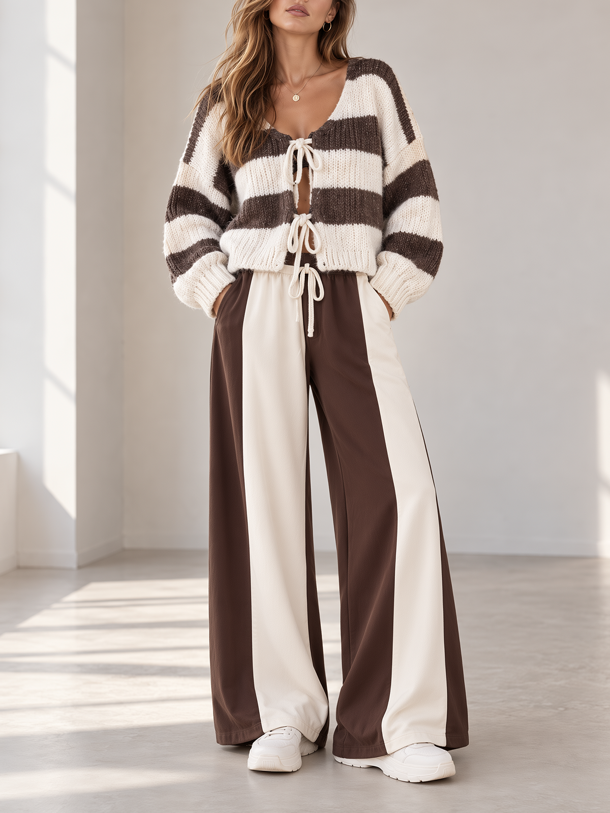 Brown & Cream Striped Tie-Front Cardigan & Color Block Wide-Leg Pants Set