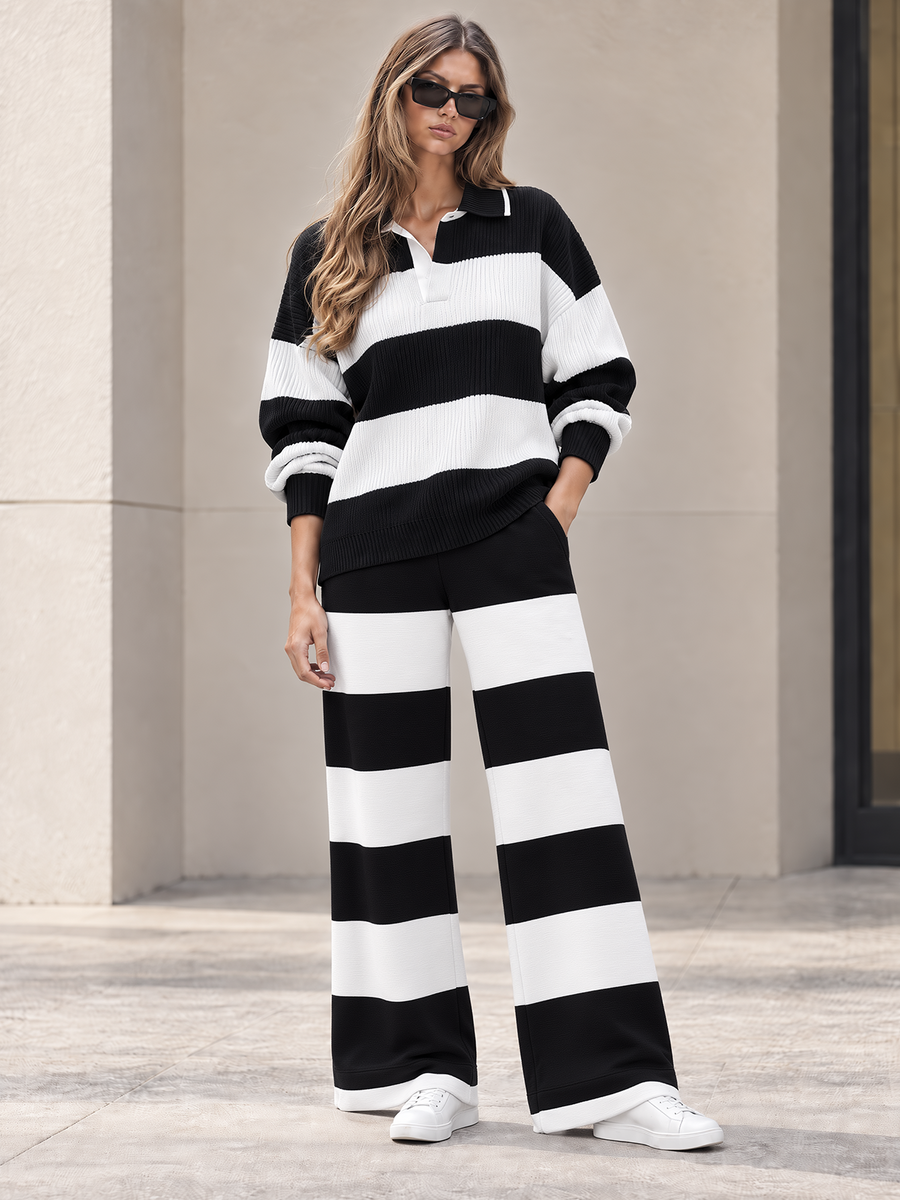 Black & White Striped Polo Knit Sweater & Wide-Leg Pants Set