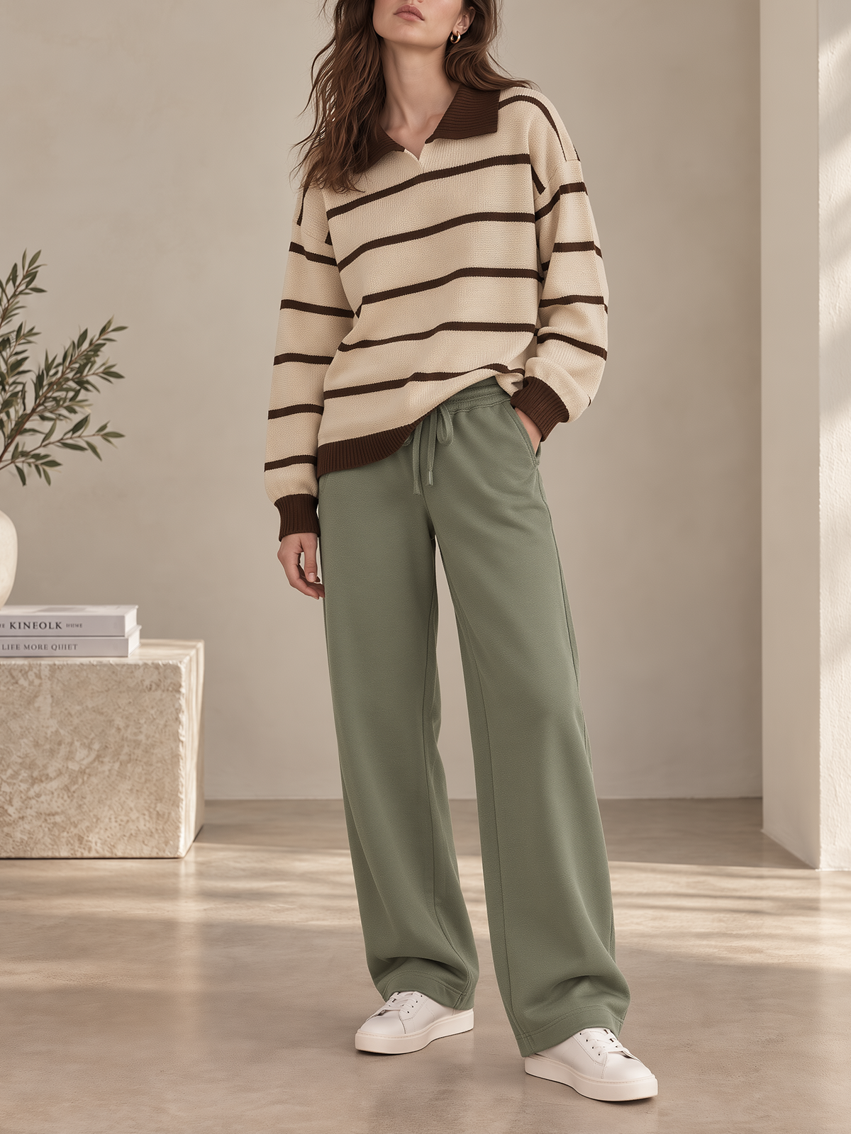 Beige Striped Polo Sweater & Sage Green Wide-Leg Sweatpants Set