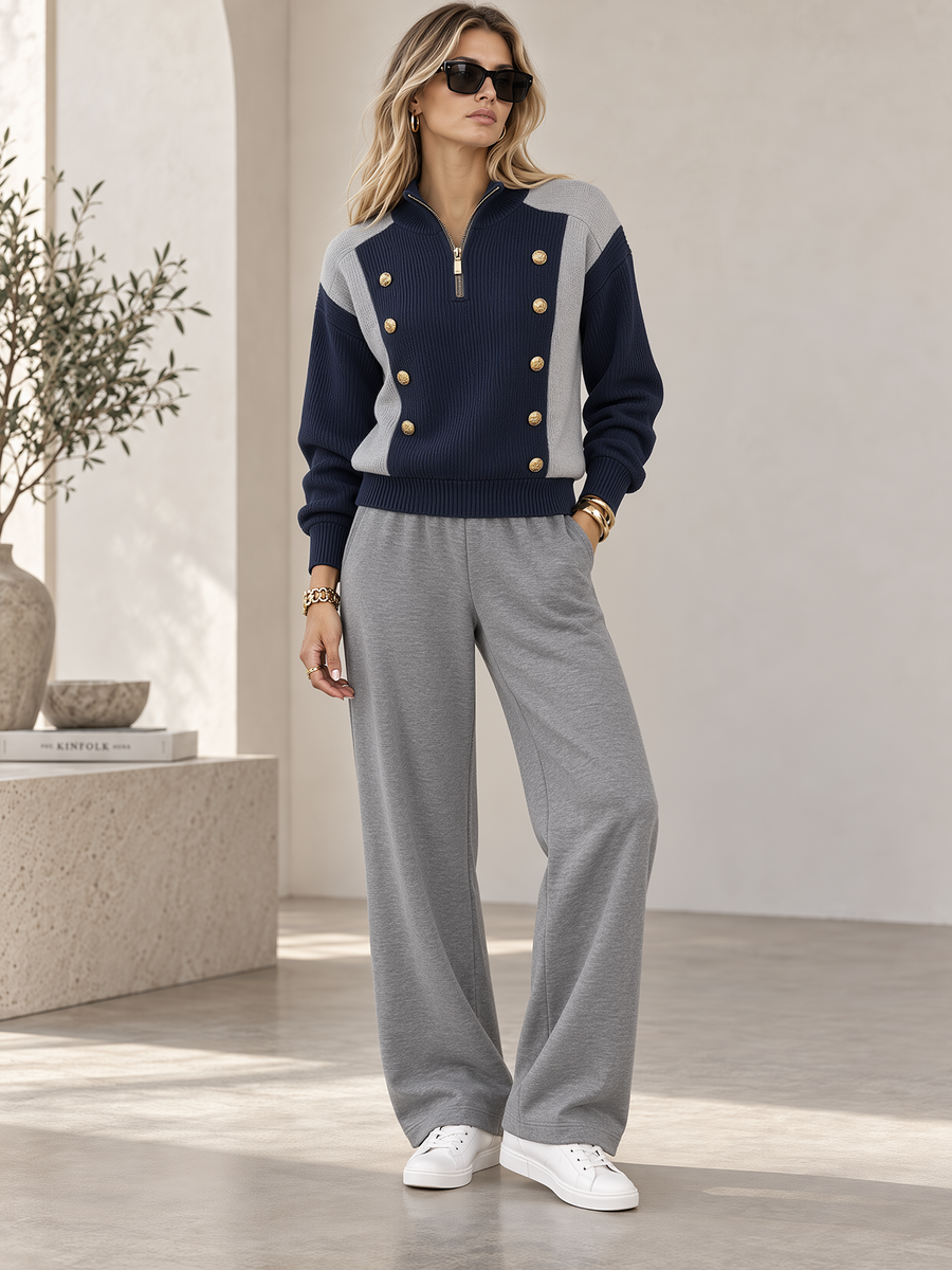 Navy Grey Color Block Half-Zip Gold Button Sweater & Wide-Leg Pants Set