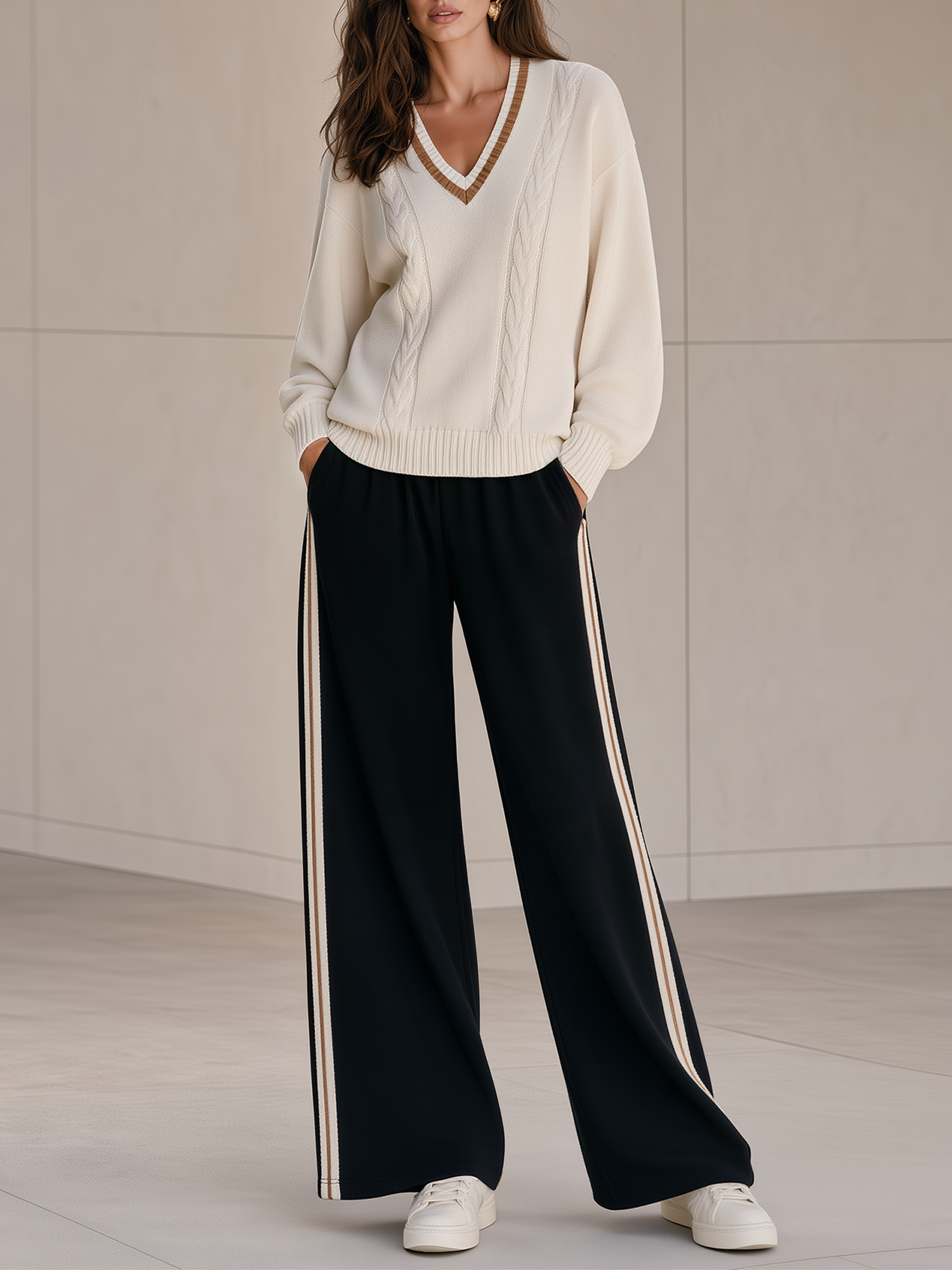 Beige V-neck Cable-knit Sweater And Black Wide-leg Trousers With Side Stripes Set