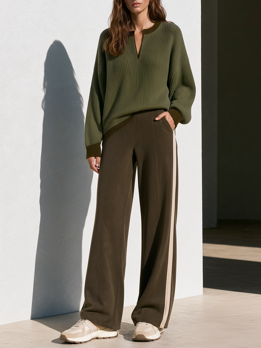 Olive Green Color-block Half-placket Sweater And Side-stripe Wide-leg Pants Set
