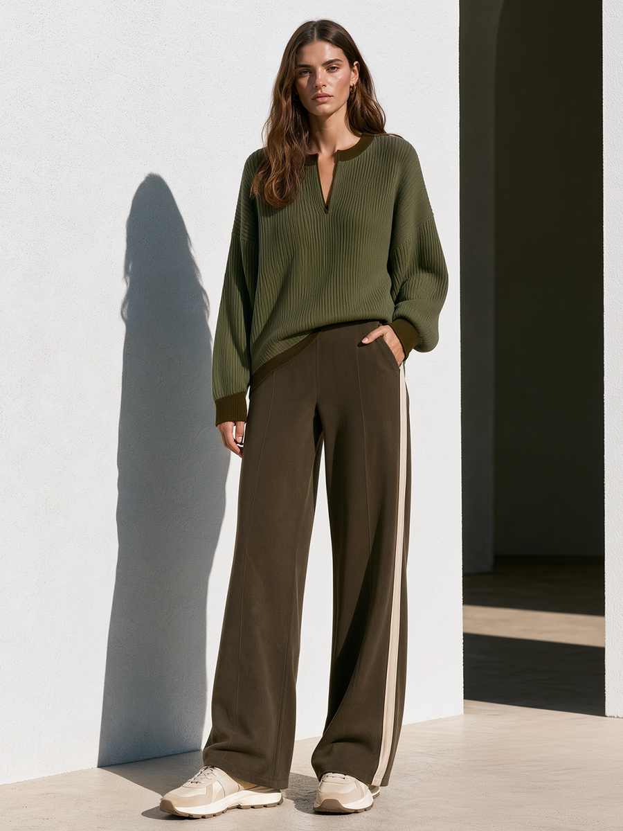 Olive Green Color-block Half-placket Sweater And Side-stripe Wide-leg Pants Set