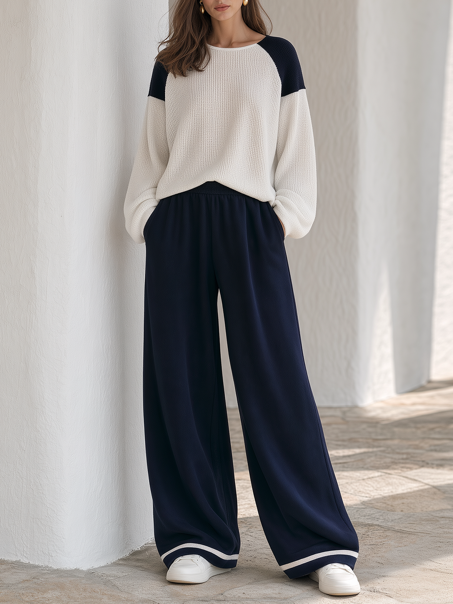 White And Navy Color-block Knit Top And Wide-leg Trousers Set