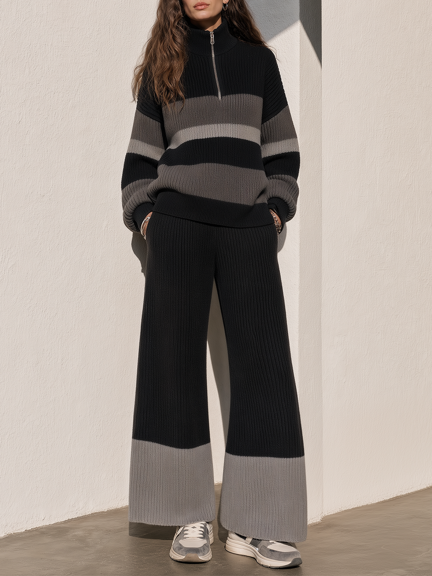 Black And Grey Striped Half-zip High-neck Knit Top And Wide-leg Knit Pants Set
