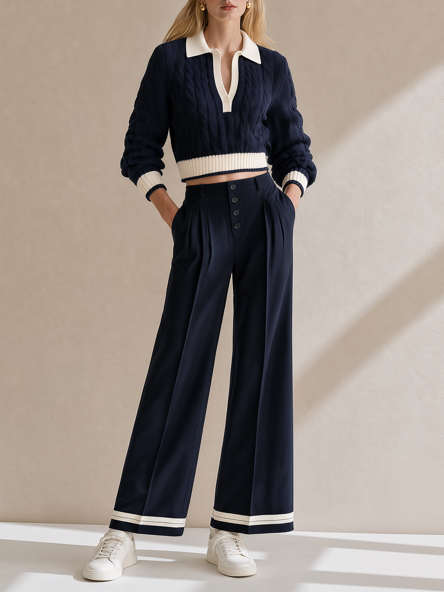 Navy Blue Color-block Cropped Cable-knit Top And Wide-leg Casual Trousers Set