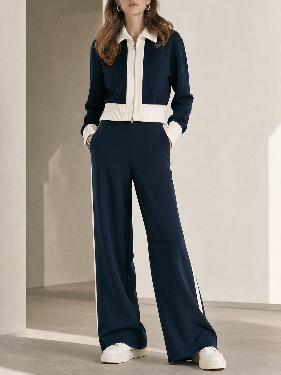 Navy Color-block Cropped Jacket And Side-stripe Wide-leg Trousers Set