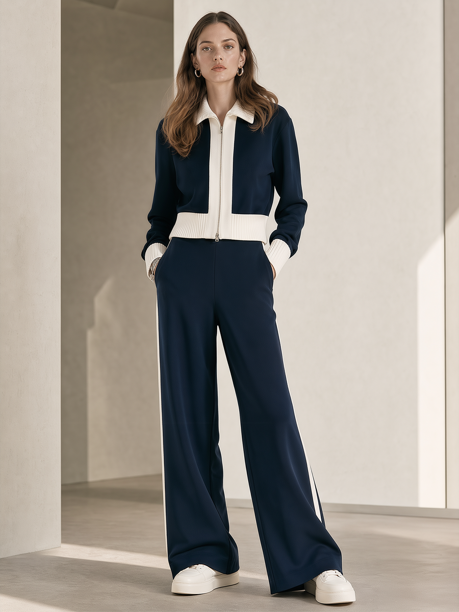 Navy Color-block Cropped Jacket And Side-stripe Wide-leg Trousers Set