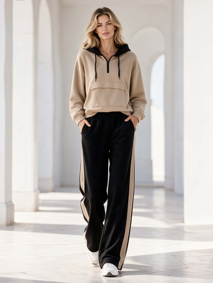 Khaki And Black Color-block Casual Sporty Long-sleeve Hoodie And Sweatpants Set