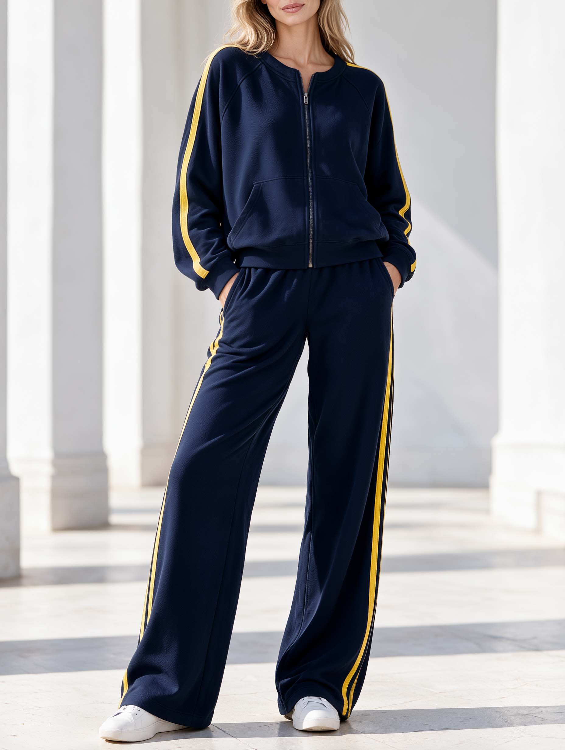 Versatile Casual Navy Color-block Long-sleeve Jacket And Trousers Set