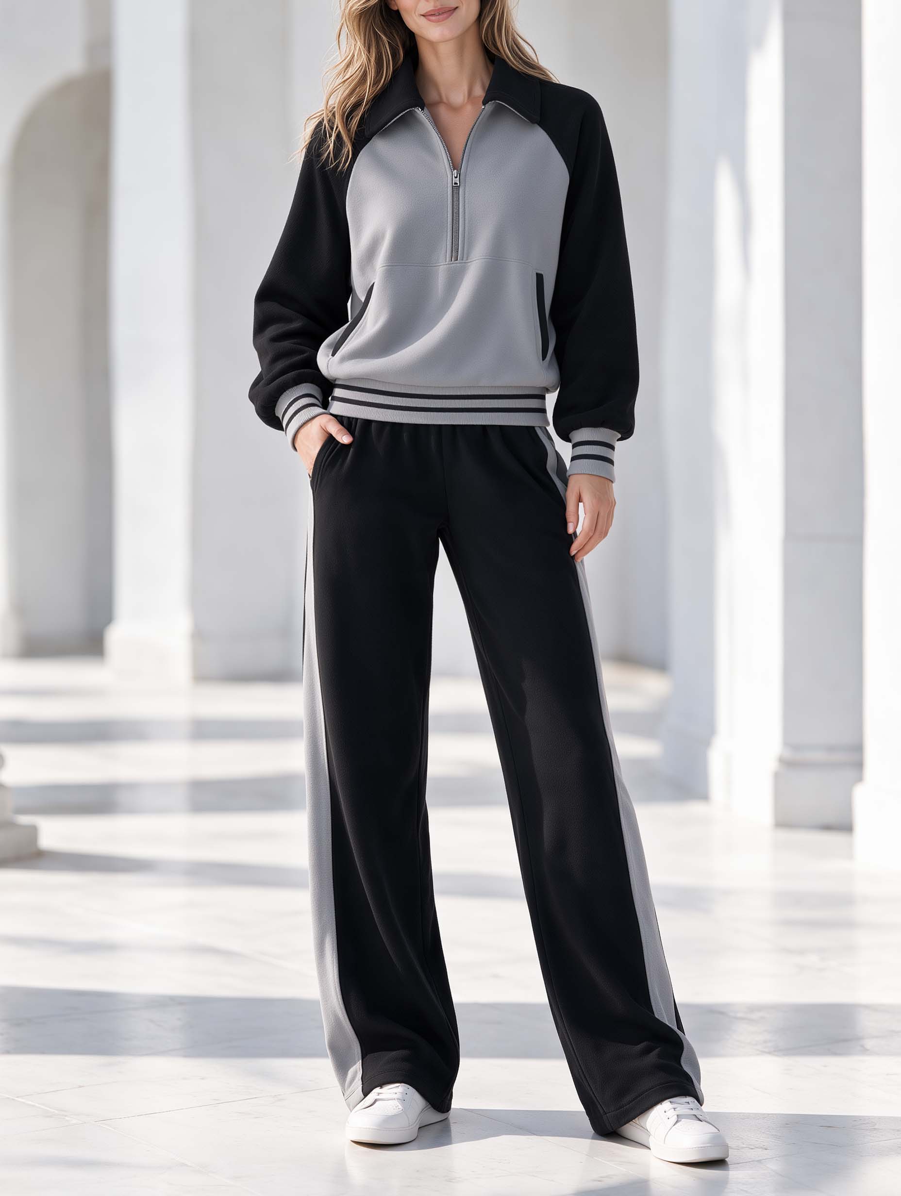 Stylish Light-athletic Grey And Black Color-block Long-sleeve Half-zip Top And Pants Set