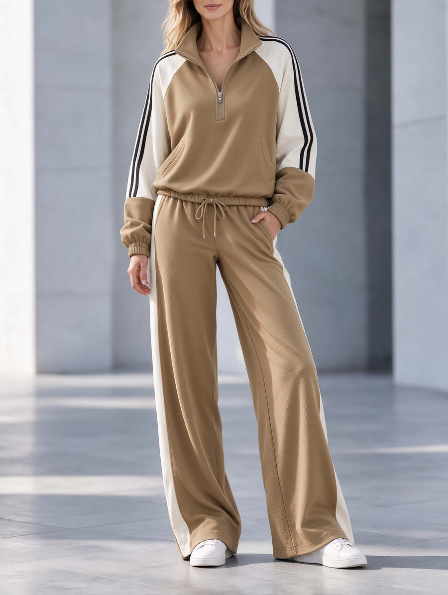 Stylish Casual Khaki And White Color-Block Half-Zip Long-Sleeve Top And Pants Set